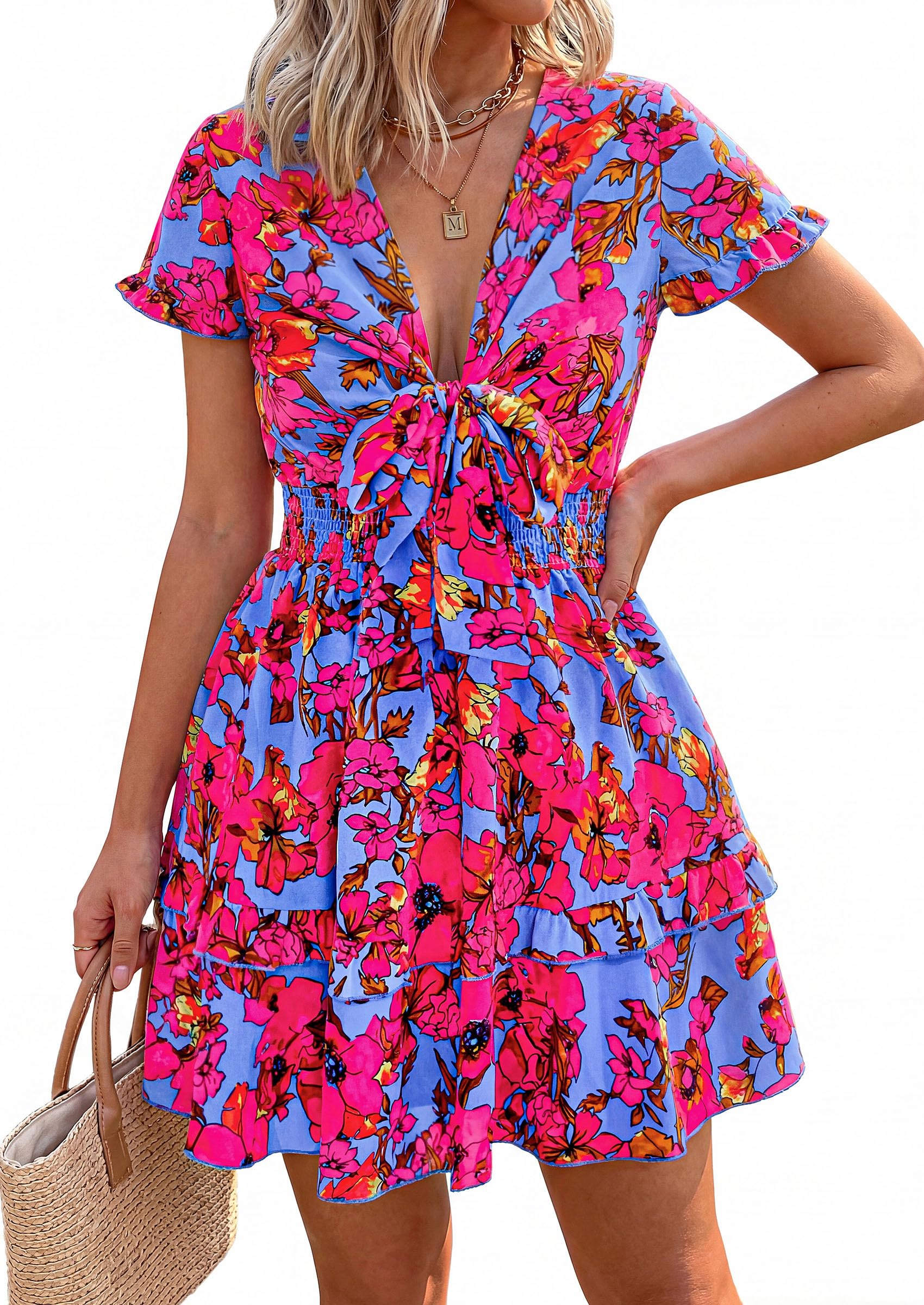 Women's Boho Floral Mini Tiered Bow Dress, Floral Rose Red,S