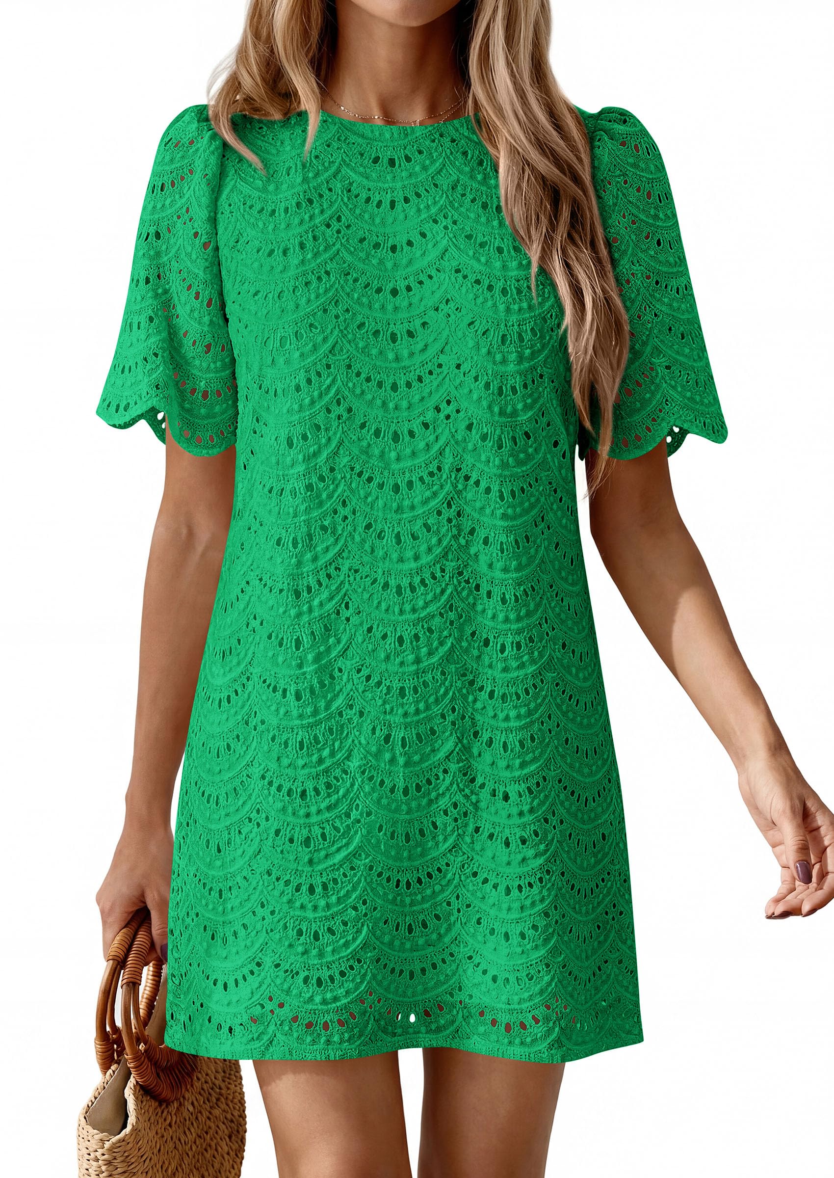 Women's Summer Eyelet Lace Short Dress (Green,S)