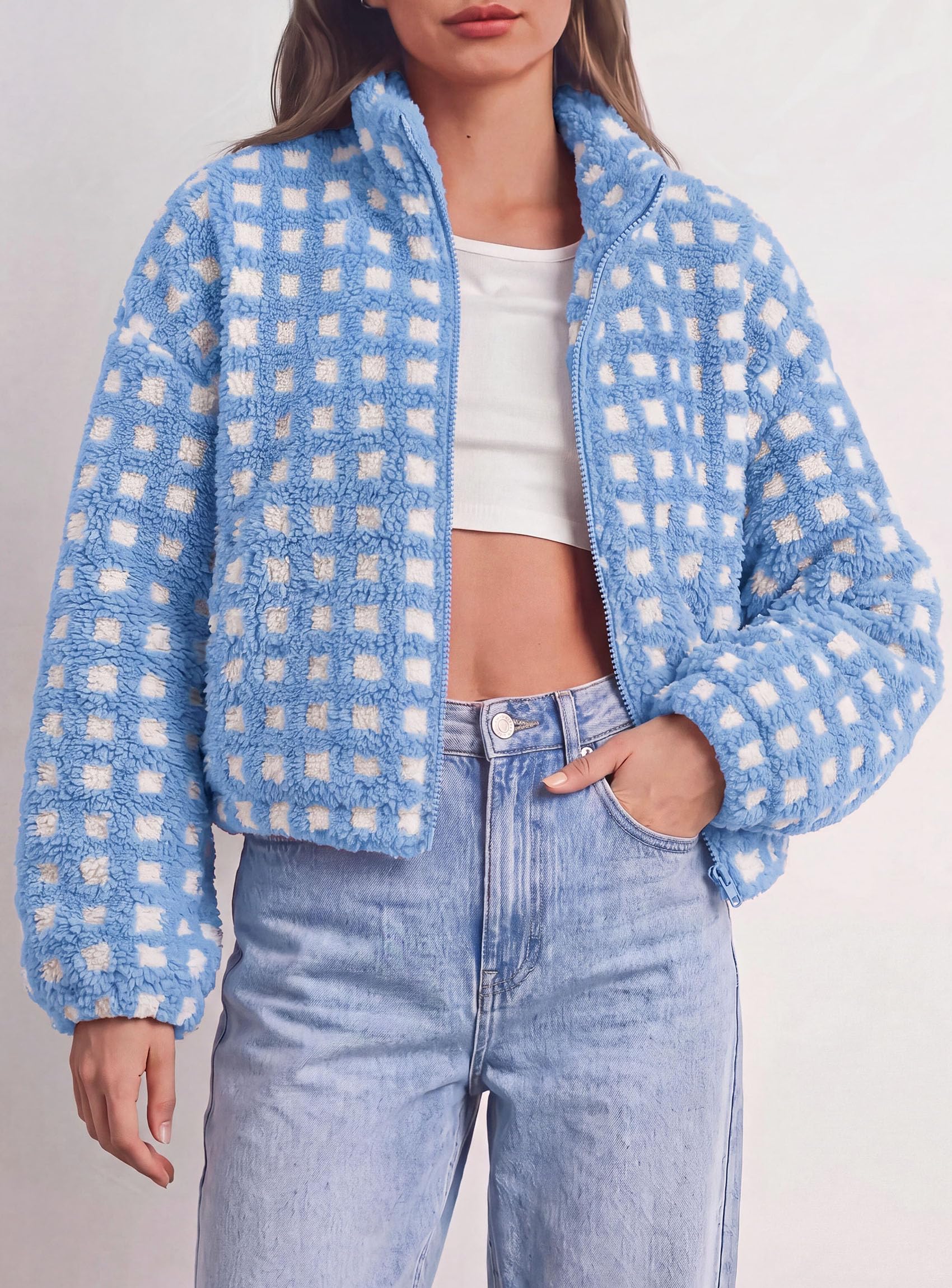 Women's Gingham Sherpa Fleece Jacket Plaid Cropped Teddy Coat