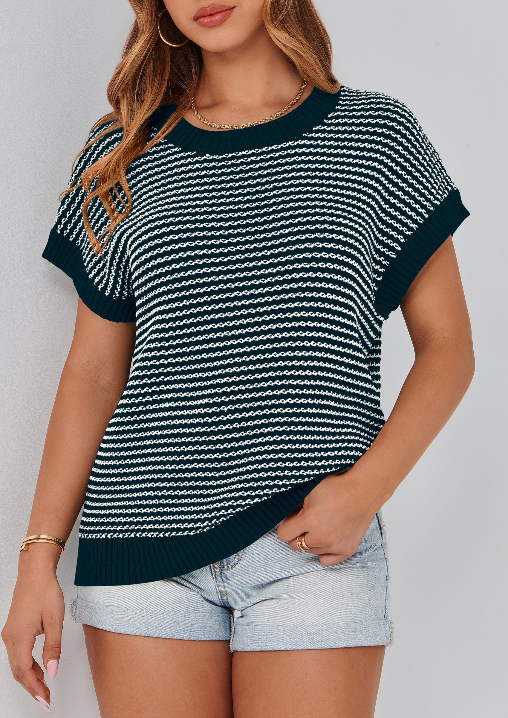 Women's Striped Short Sleeve Sweater Vest Malachite Green,L