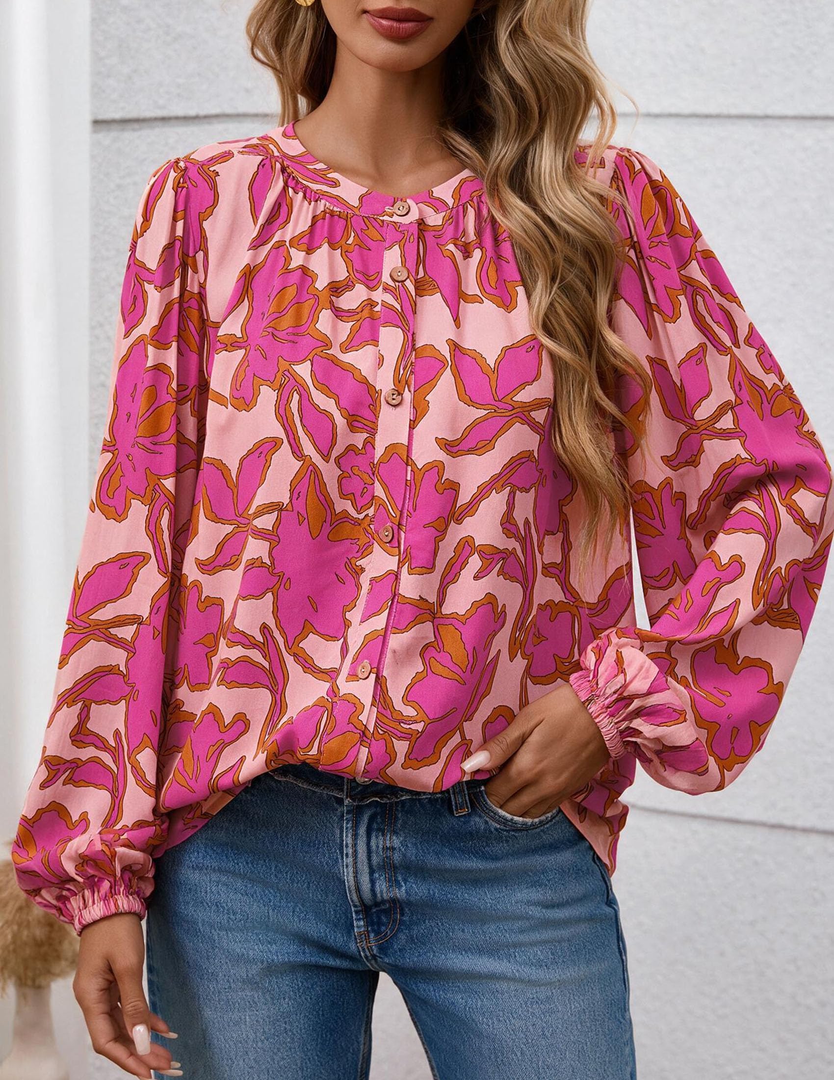 Women's Boho Tops Fall Long Sleeve Button Down Floral Blouses