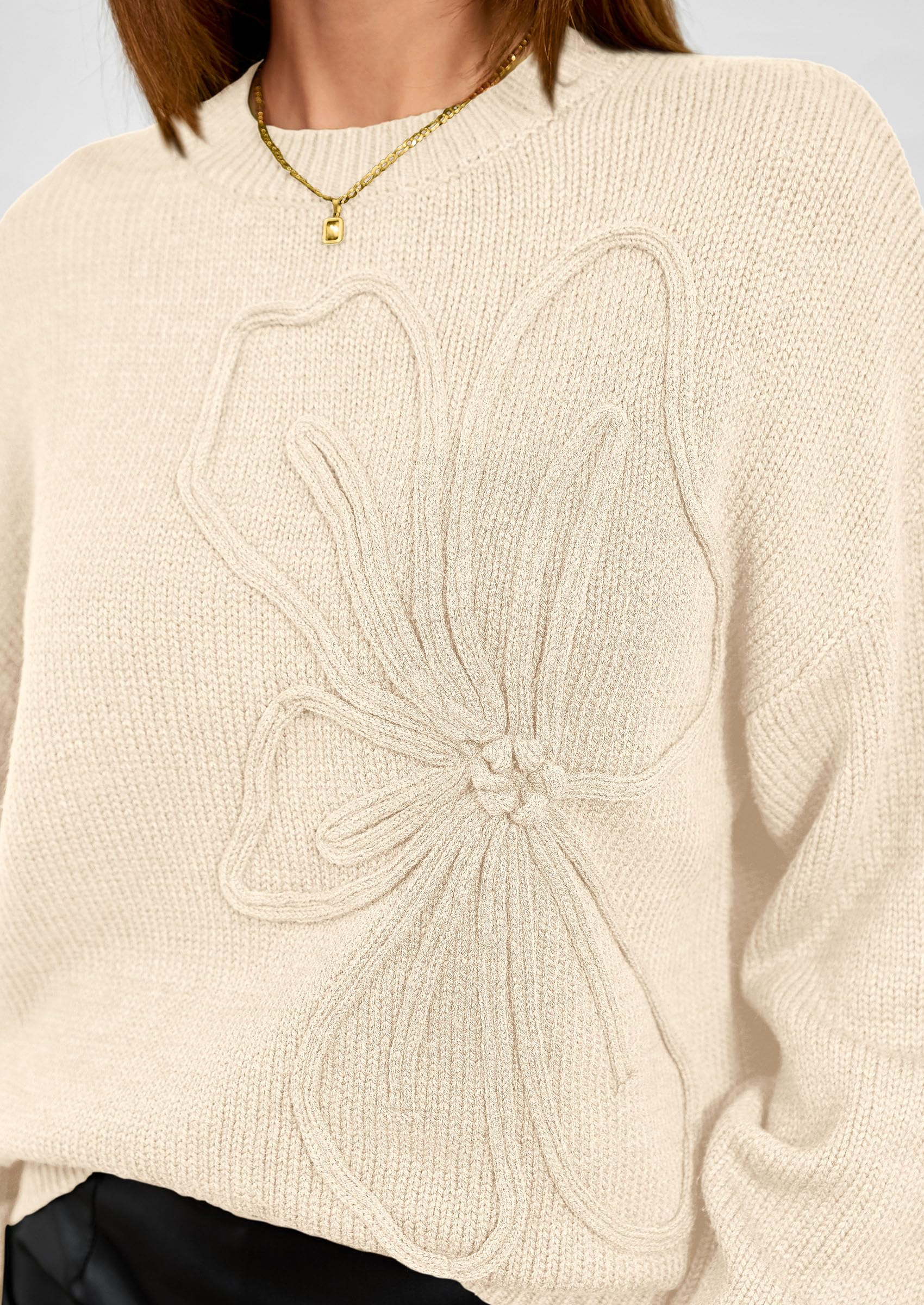 Women's Oversized 3D Floral Knit Sweater,Beige,S