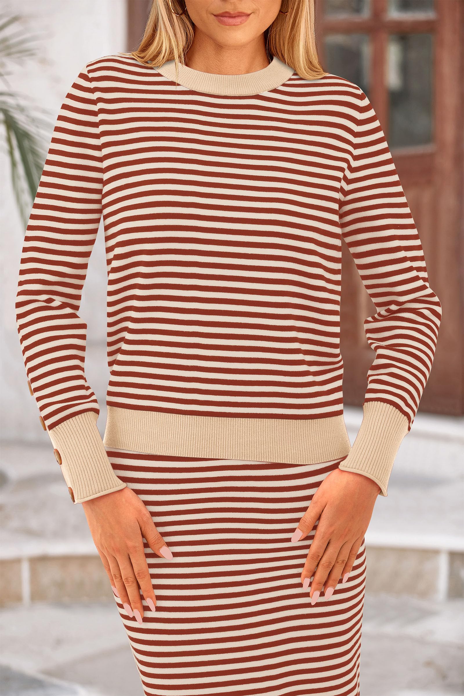 Women's 2 Piece Striped Sweater Skirt Set Fall Matching Sets