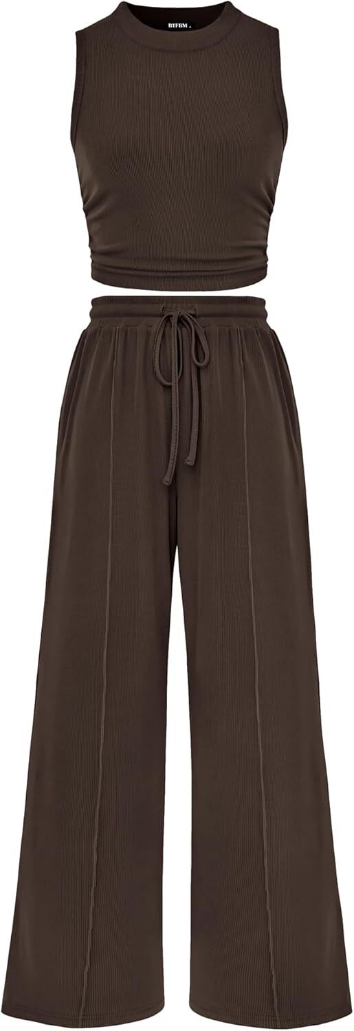 Women Summer 2 Piece Outfits 2026 Beach Crew Neck Sleeveless Cropped Top Elastic Waist Wide Leg Pants Lounge Set