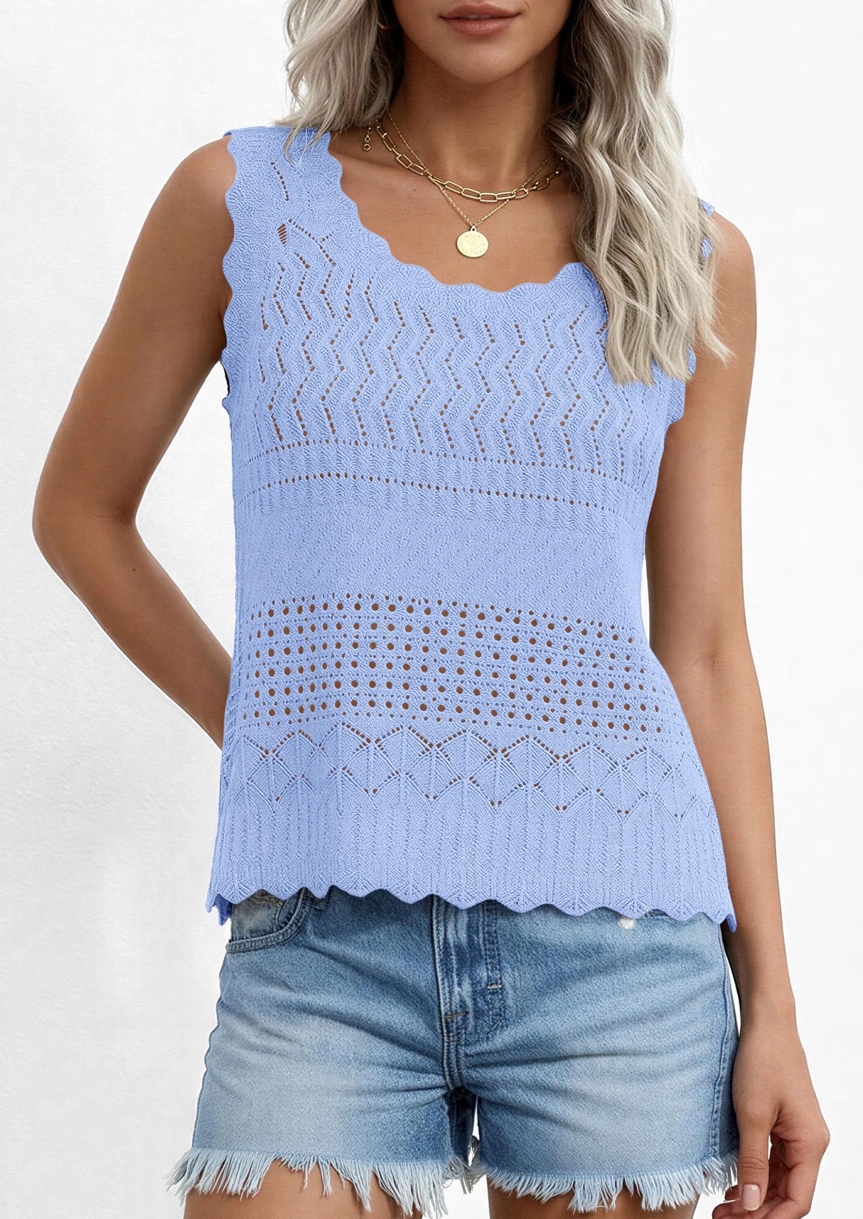 Womens Crochet Tank Tops Knit Sleeveless Vest,Light Blue,S