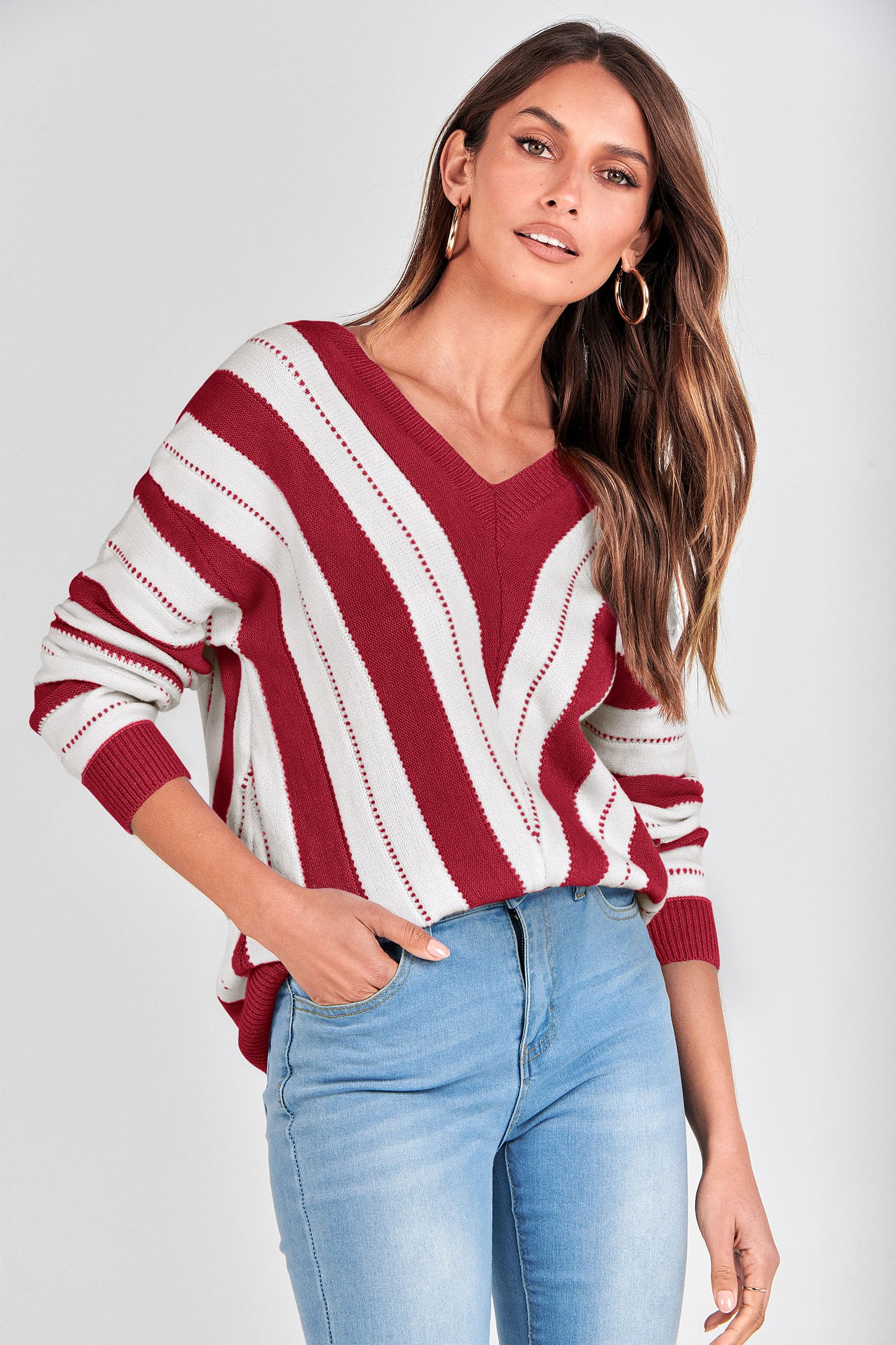 Women's V Neck Striped Knit Pullover Sweater
