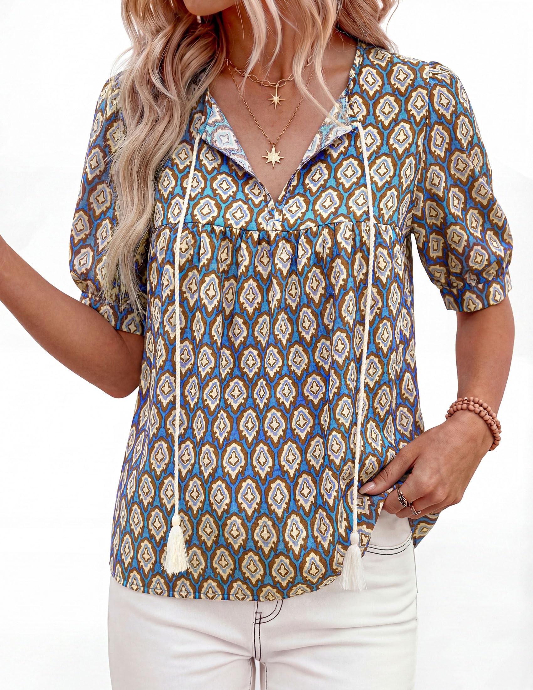 Womens Summer Boho Blouses Dressy Casual Blue,M