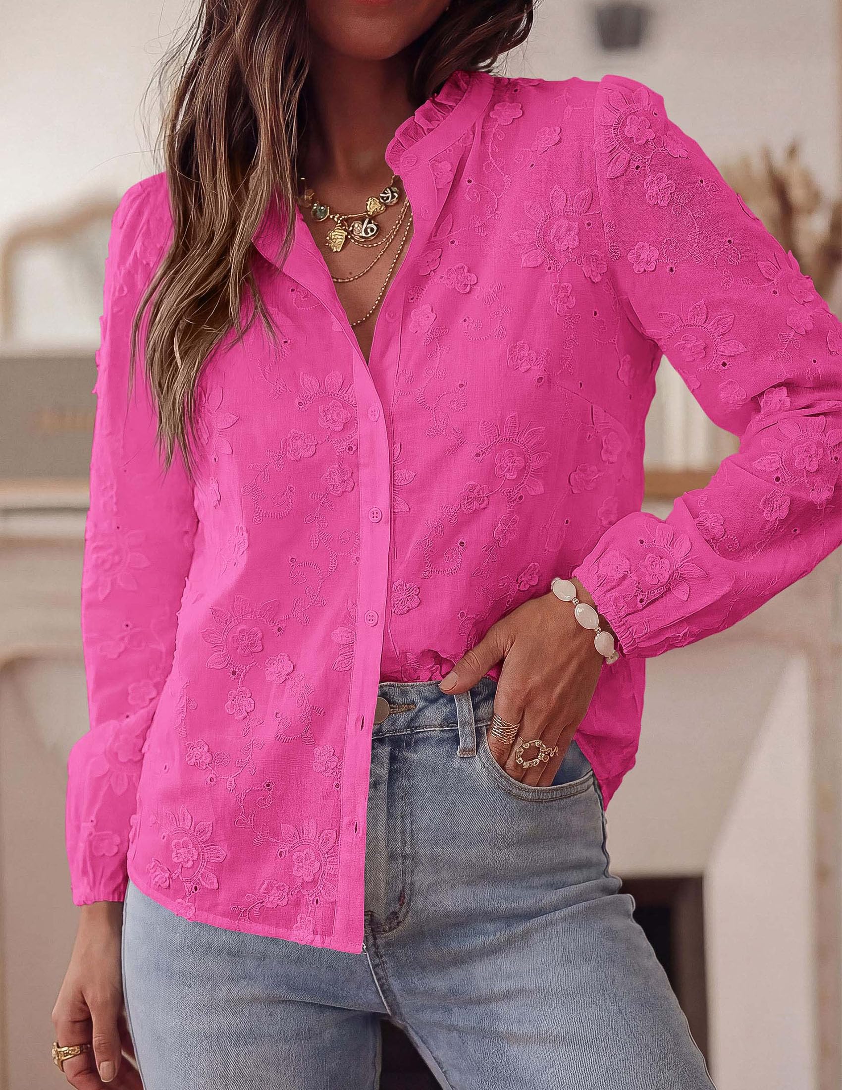 Women's Floral Embroidered Button Down Shirts Work Blouses
