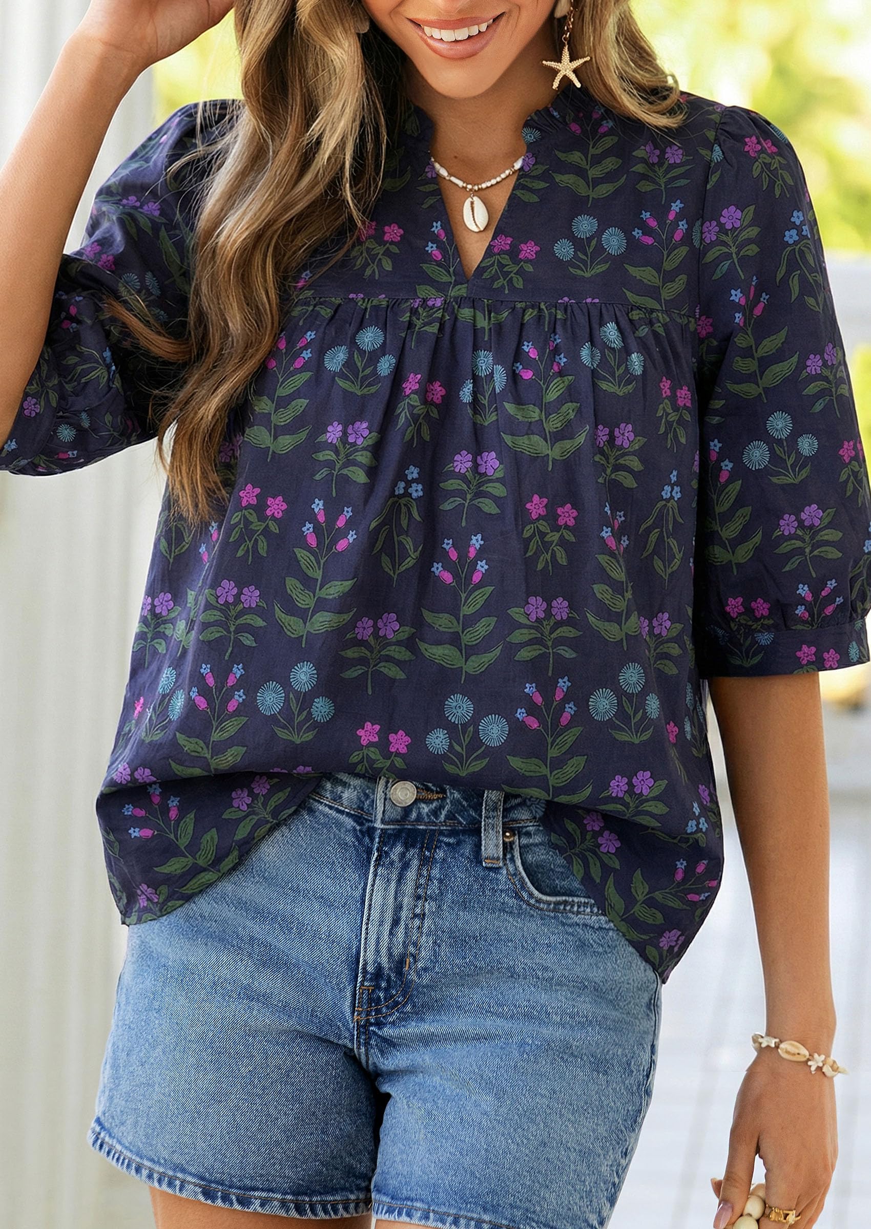 Women's Summer Floral Boho Dressy Casual Tops Navy Blue