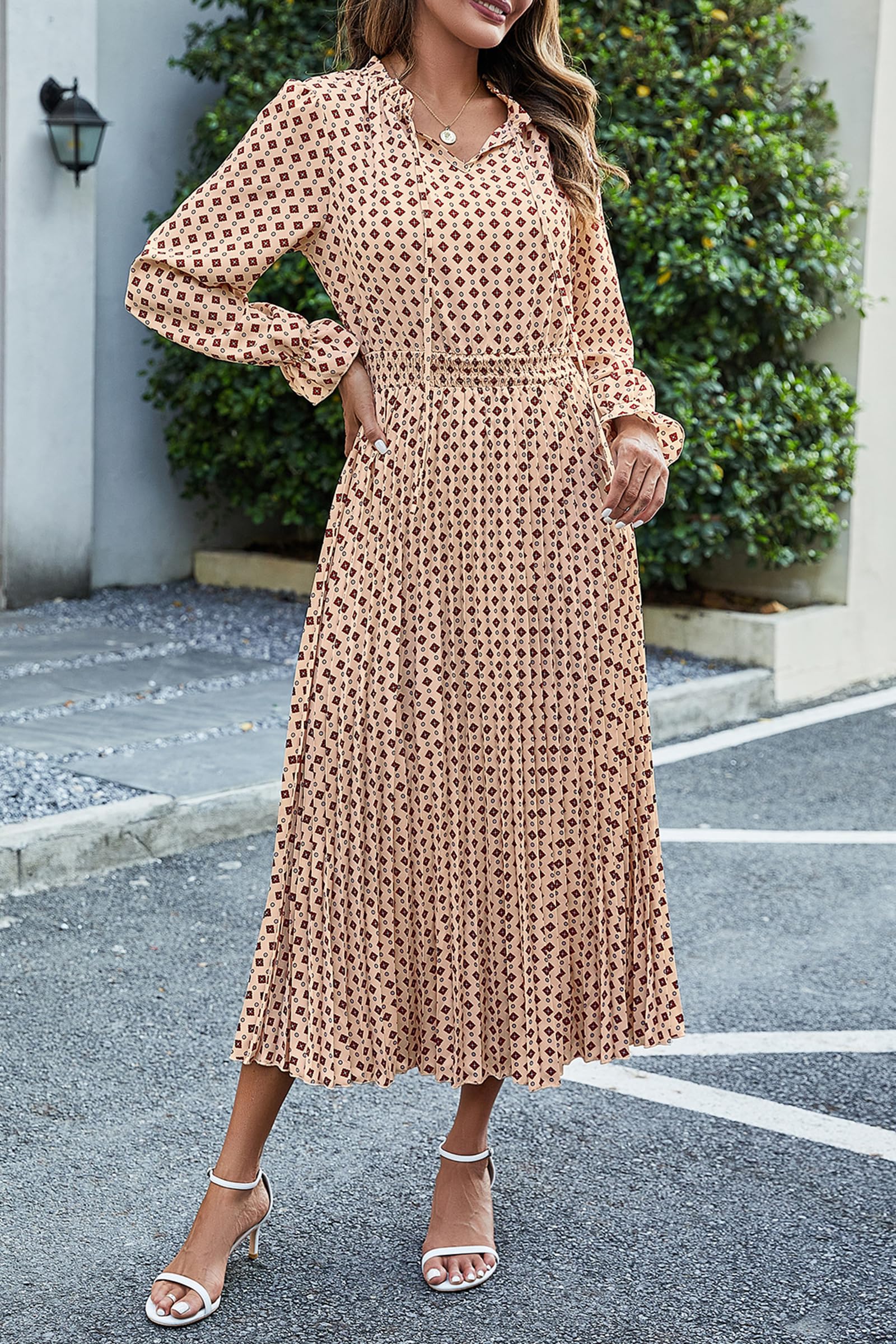 Women's Boho Floral Dress Elegant Long Sleeve V Neck Swing A Line Midi Dresses (Apricot Brown Floral,Small)