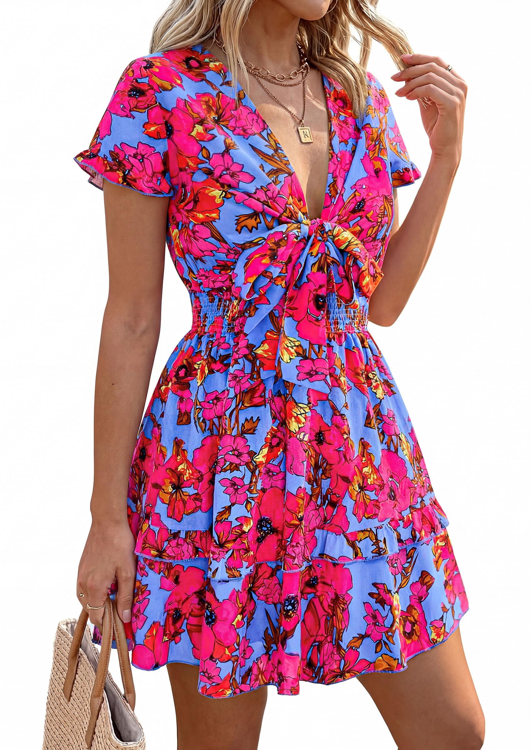 Women's Boho Floral Mini Tiered Bow Dress, Floral Rose Red,S