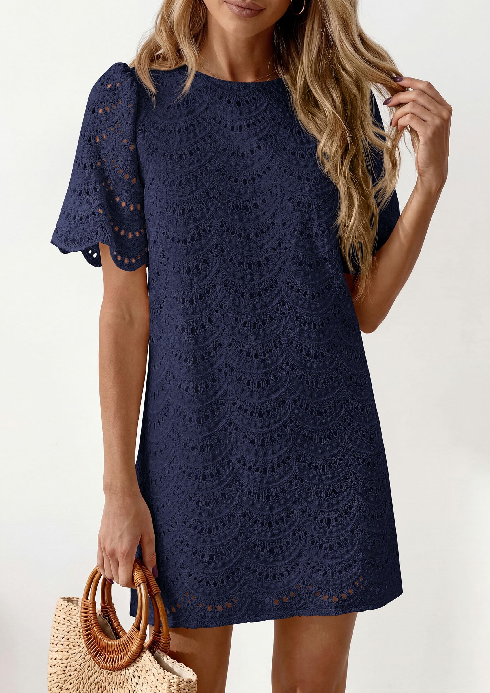 Women's Summer Eyelet Lace Short Dress (Navy Blue,S)