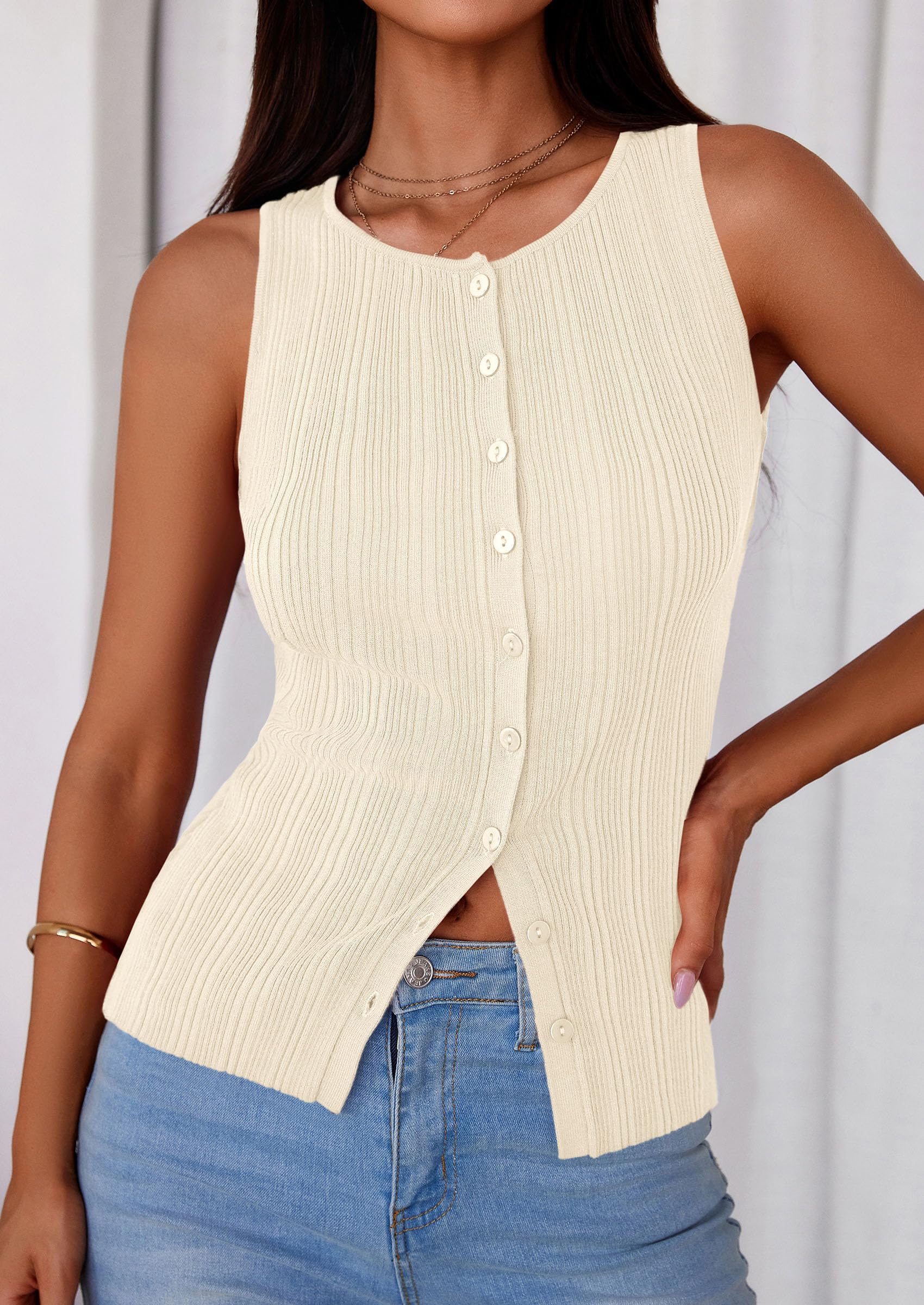 Sleeveless Button Down Shirts for Women Summer 2026 Going Out Ribbed Knit Tank Tops Y2K Clothes Trendy Vest Tops Apricot