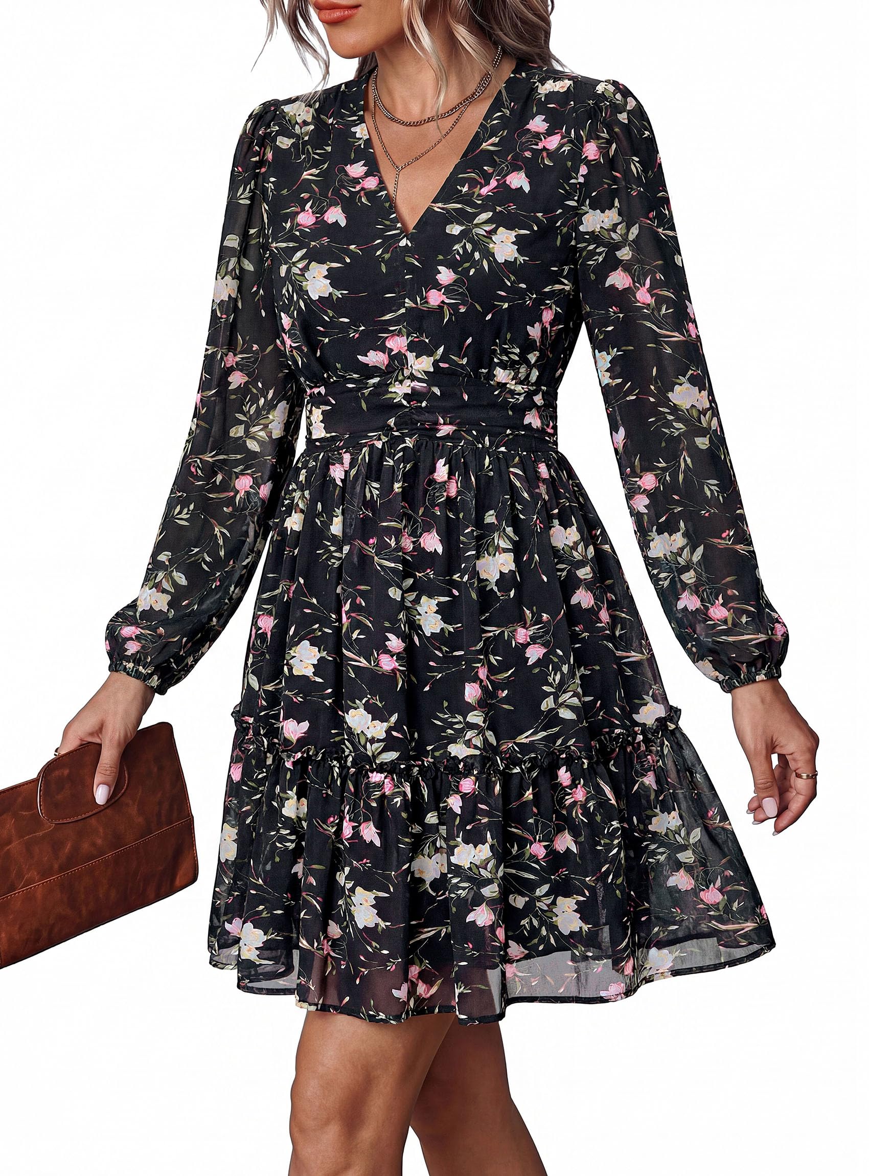 Women Floral Long Sleeve Mini Dress Fall Wedding Guest Dresses