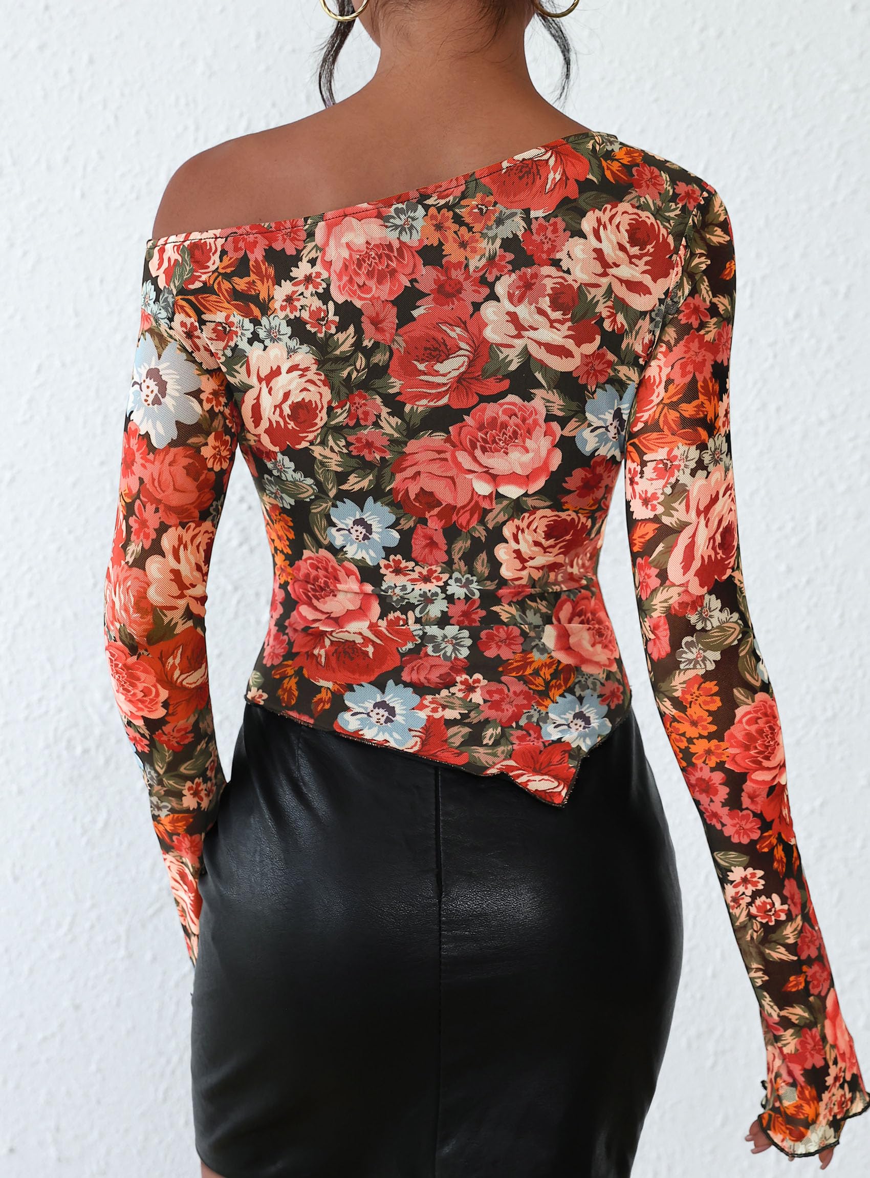 Womens Off Shoulder Mesh Y2k Tops,Floral Black,XS