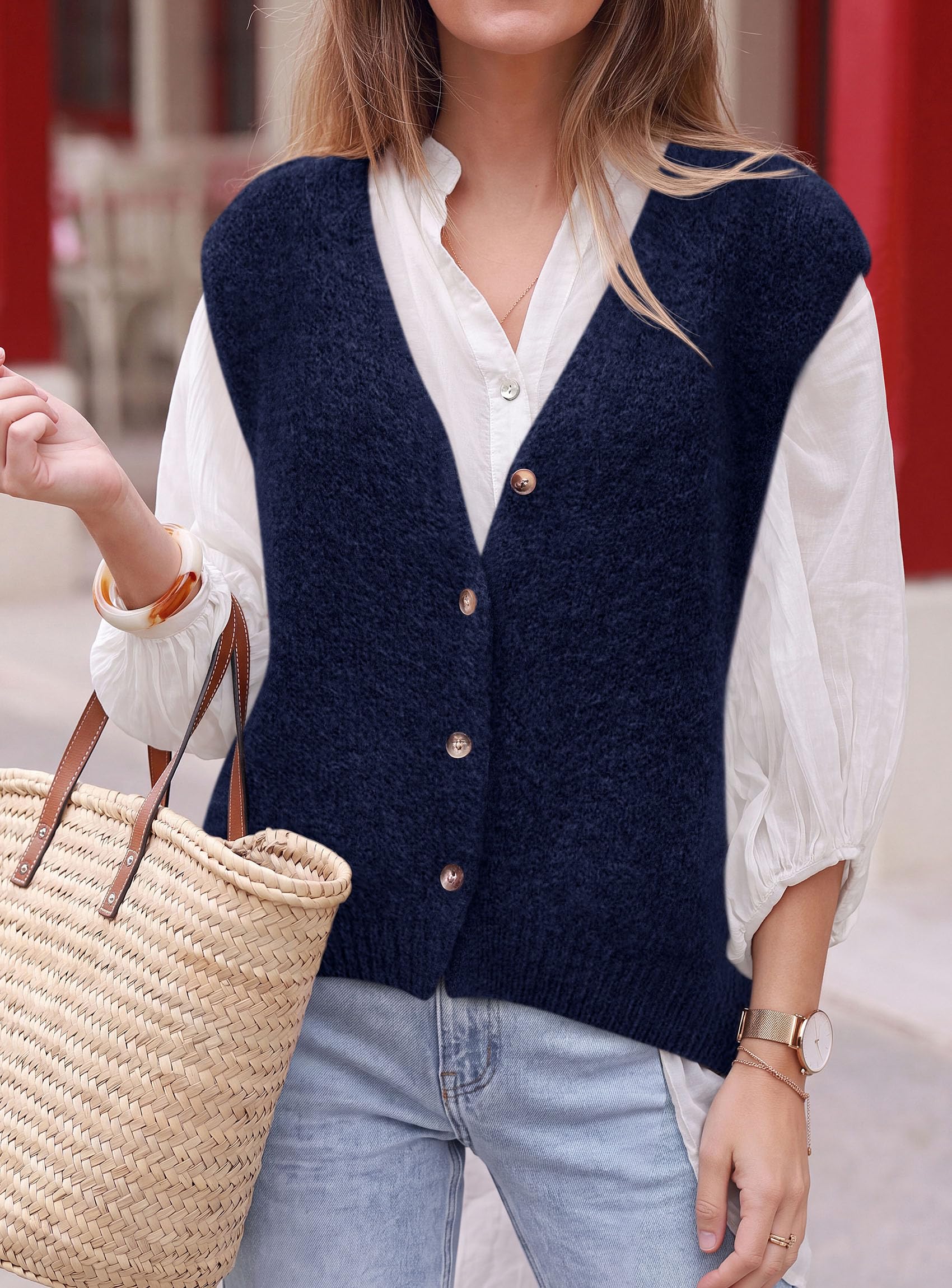 Womens Fall Sleeveless Button Down Sweater Vest,Navy,S