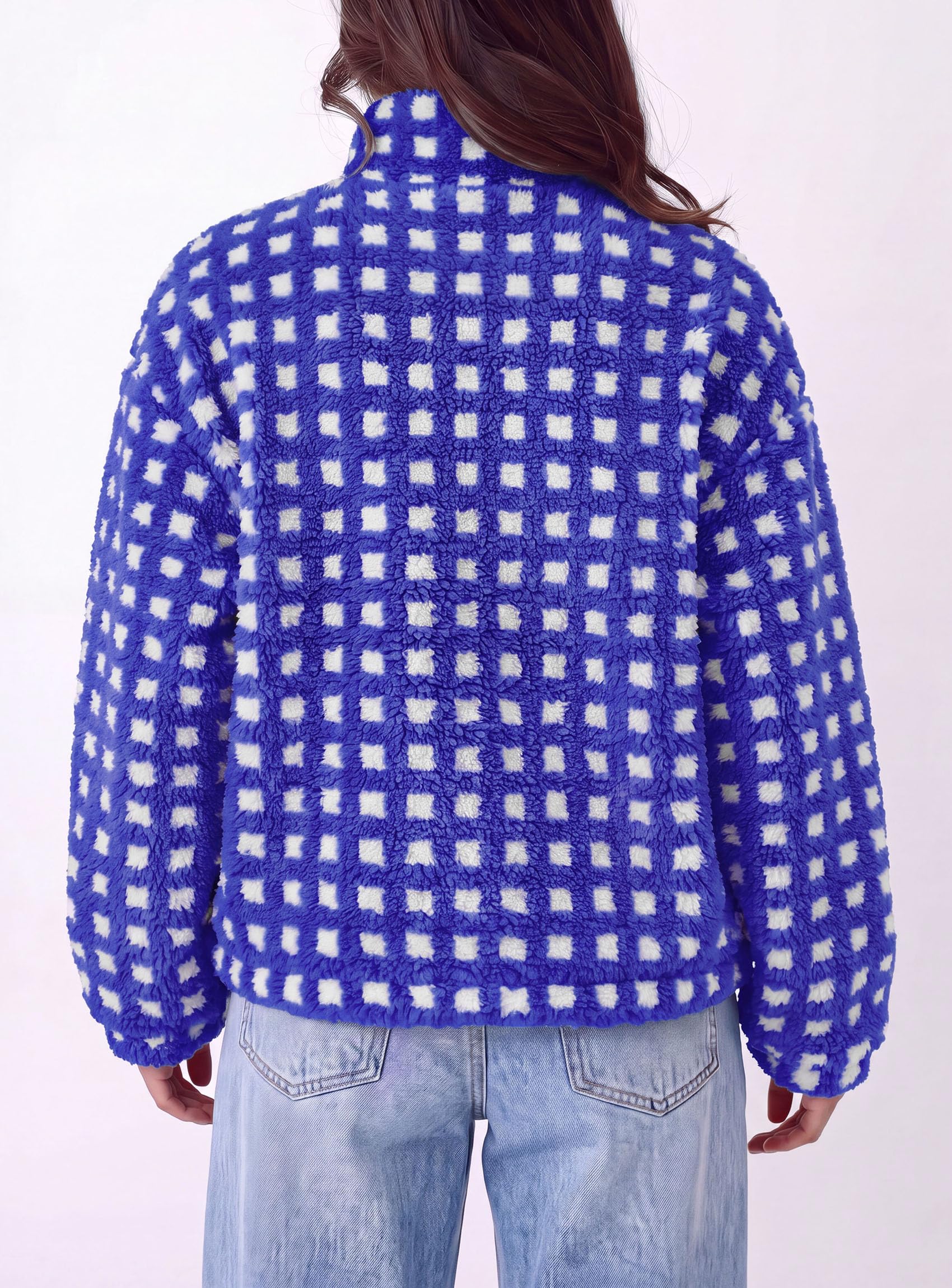 Women's Gingham Sherpa Fleece Jacket Plaid Cropped Teddy Coat
