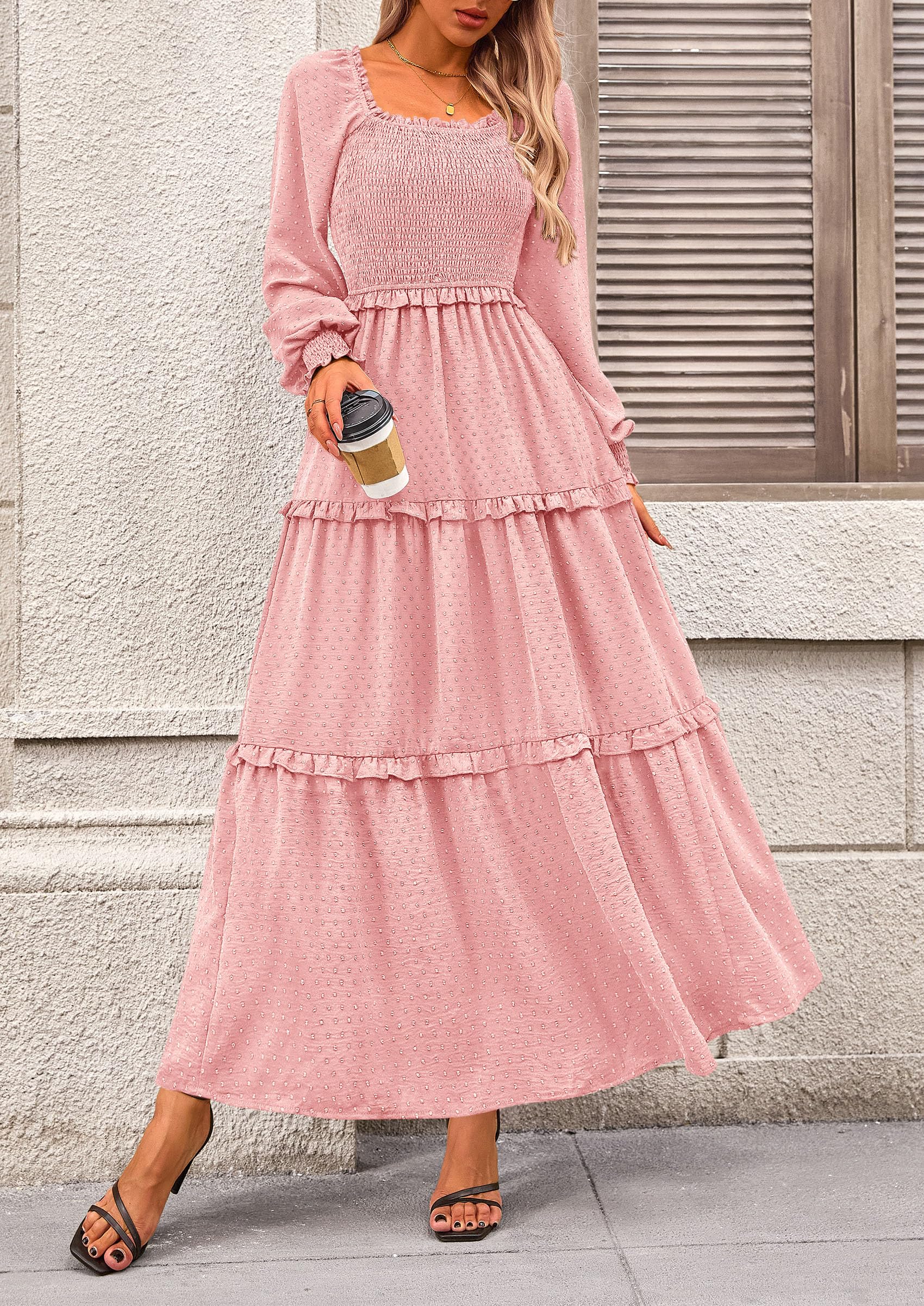 Women's Smocked Long Sleeve Maxi Dress Wedding Guest Dresses