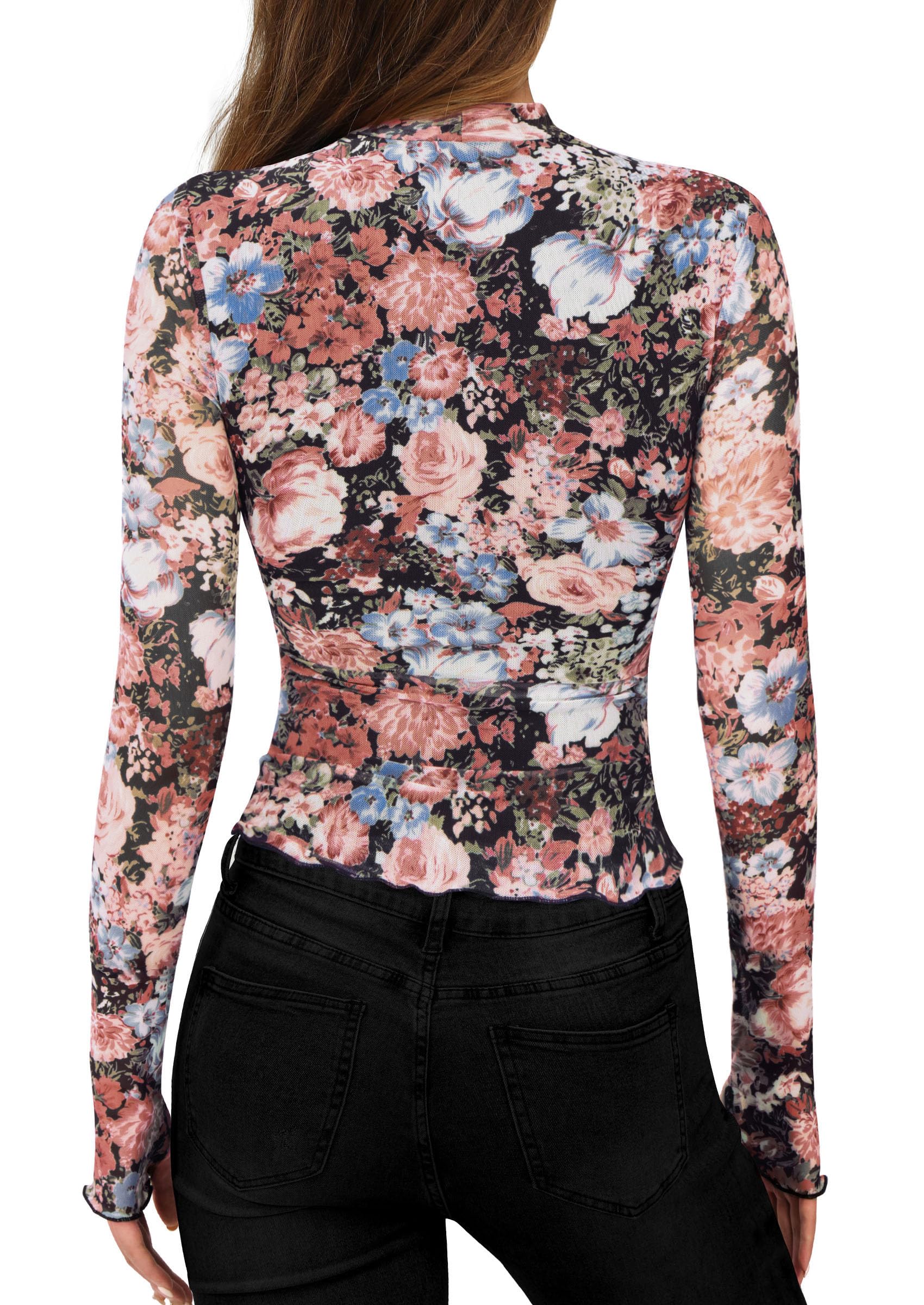 Womens Floral Mesh Long Sleeve Tops Fall Slim Fitted Shirts