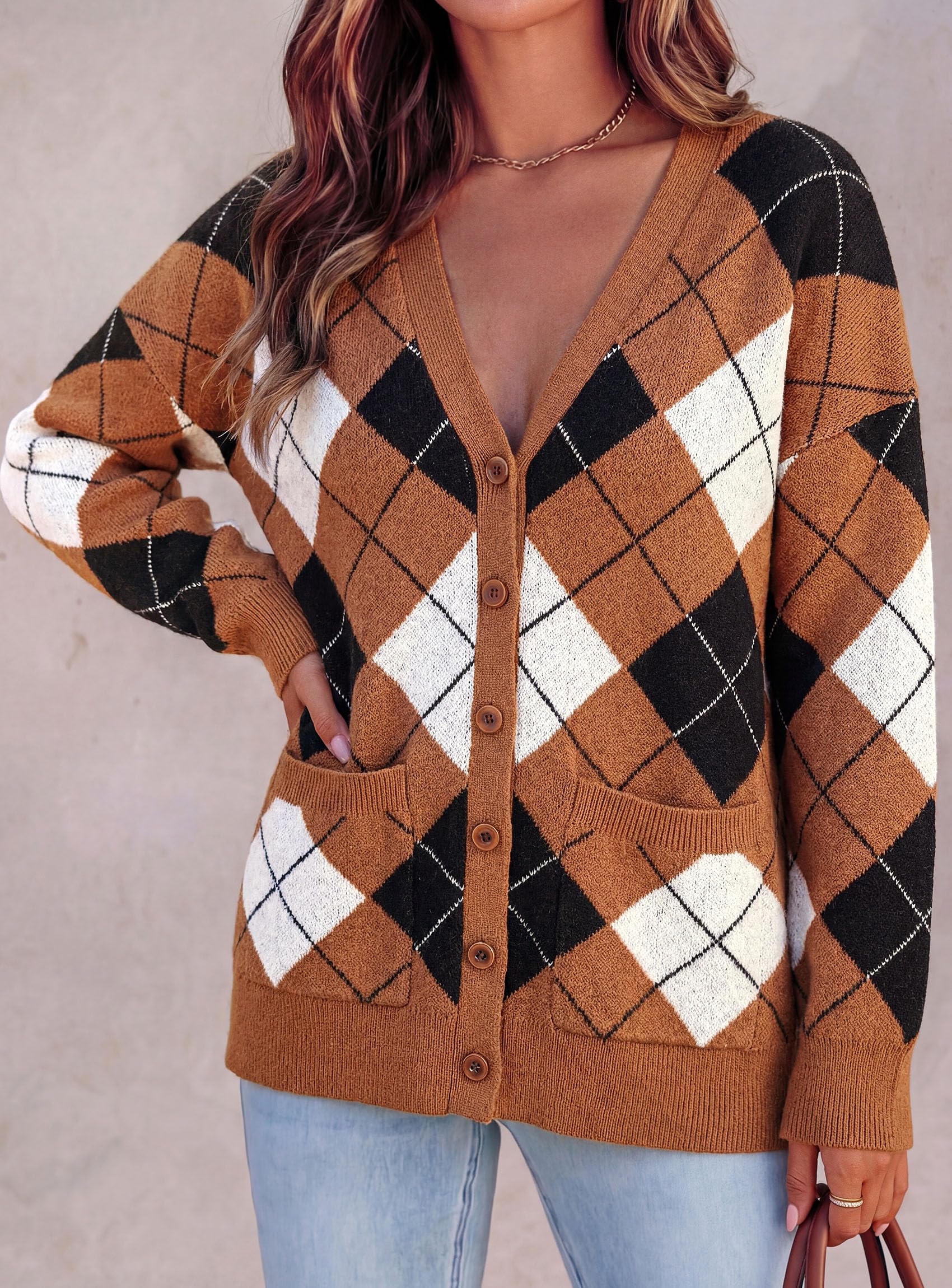 Women's Cardigan Argyle Winter Sweaters (Plaid Brown,S)