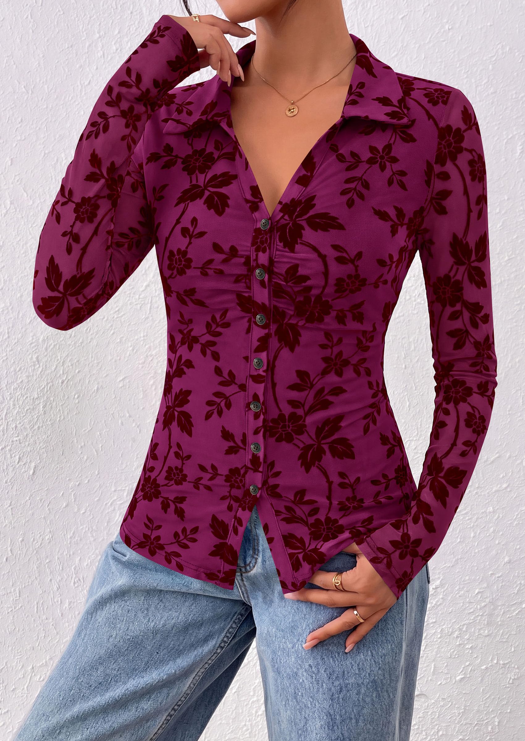 Women's Long Sleeve Floral Mesh Boho Tops Button Down Shirts