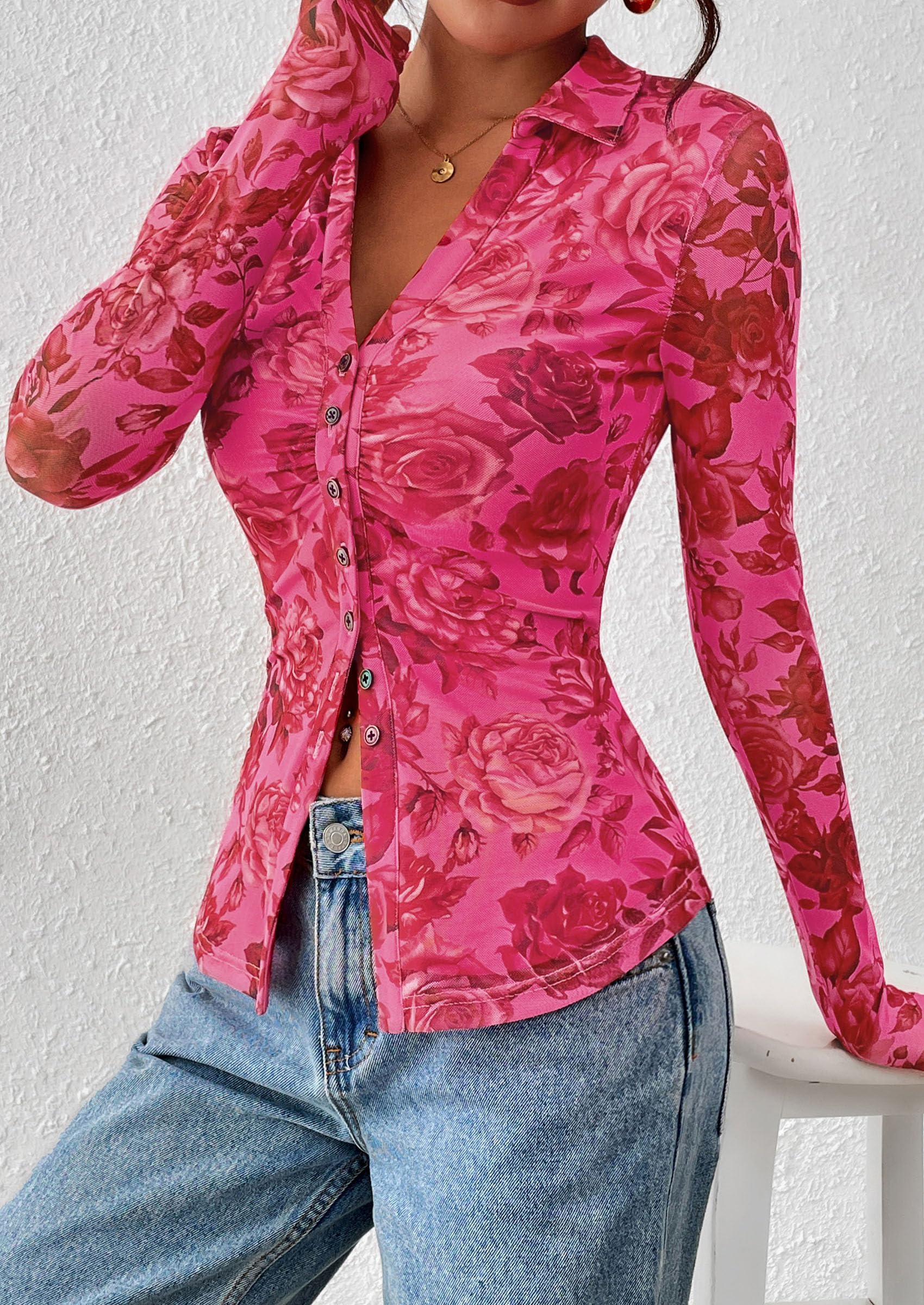 Women's Button Down Shirts Boho Mesh Floral Going Out Tops