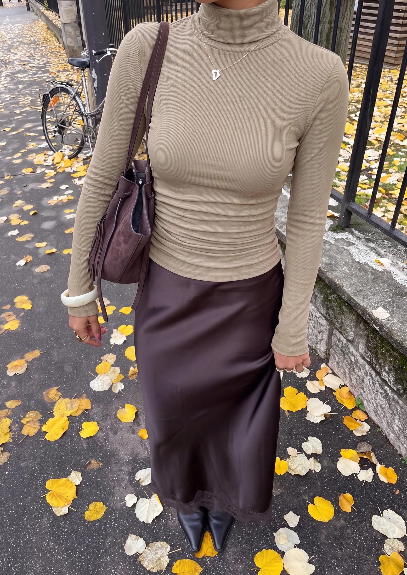 Turtleneck Tops for Women Long Sleeve Shirts, Khaki, XS