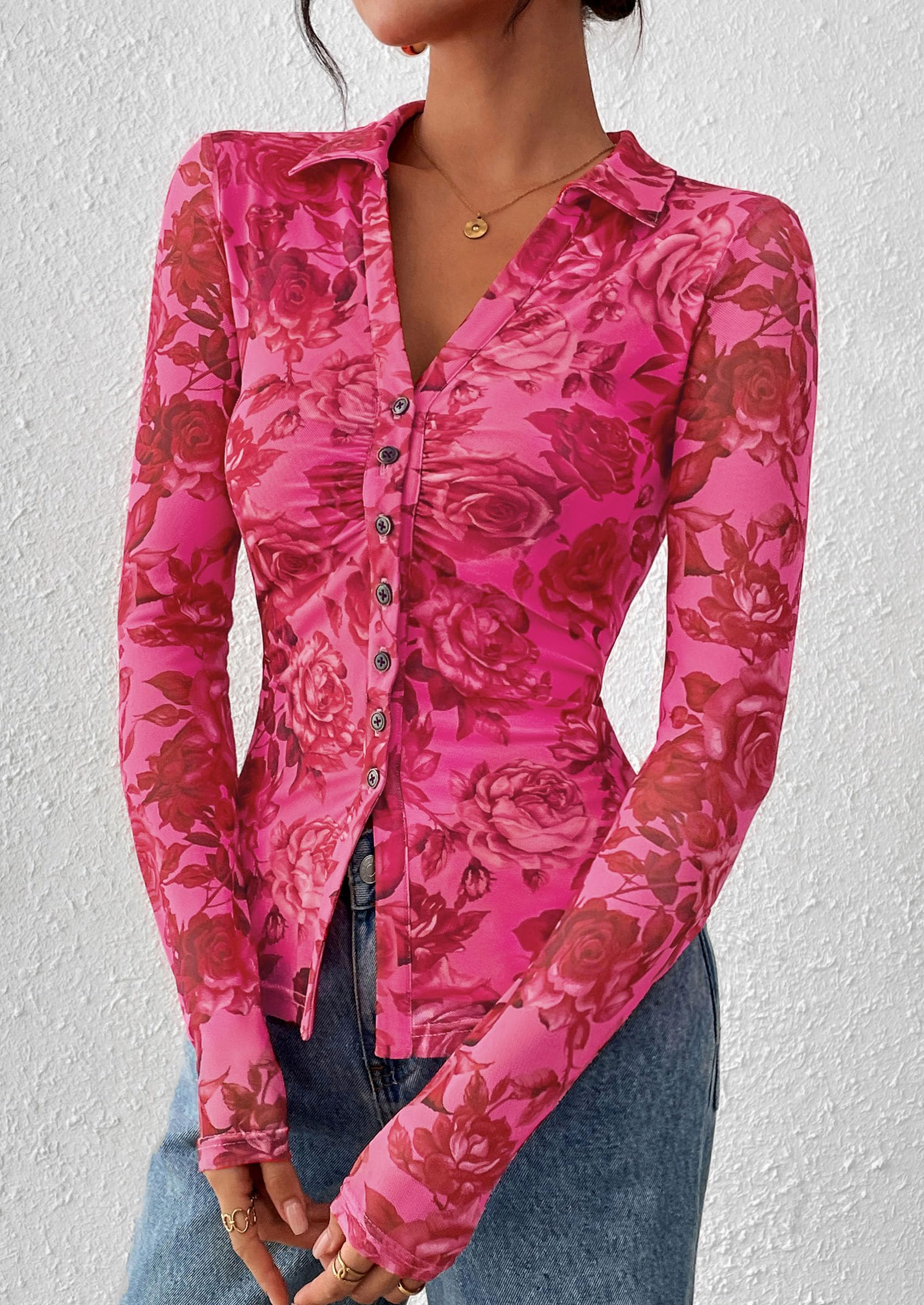 Women's Button Down Shirts Boho Mesh Floral Going Out Tops