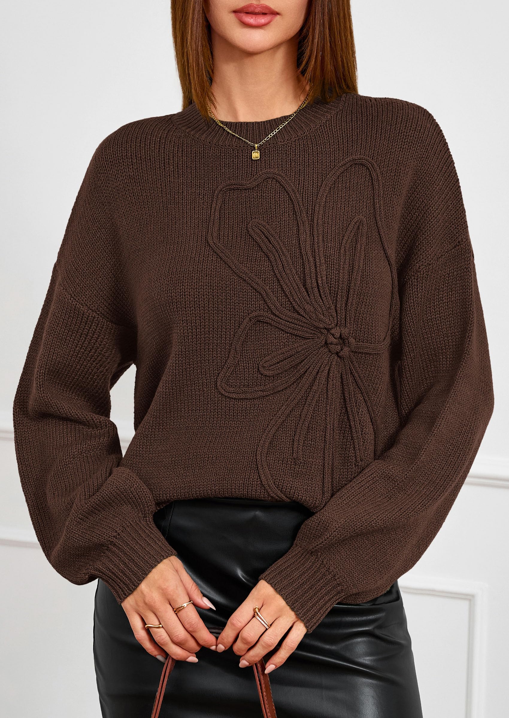 Women's Oversized 3D Floral Knit Sweater,Brown,S