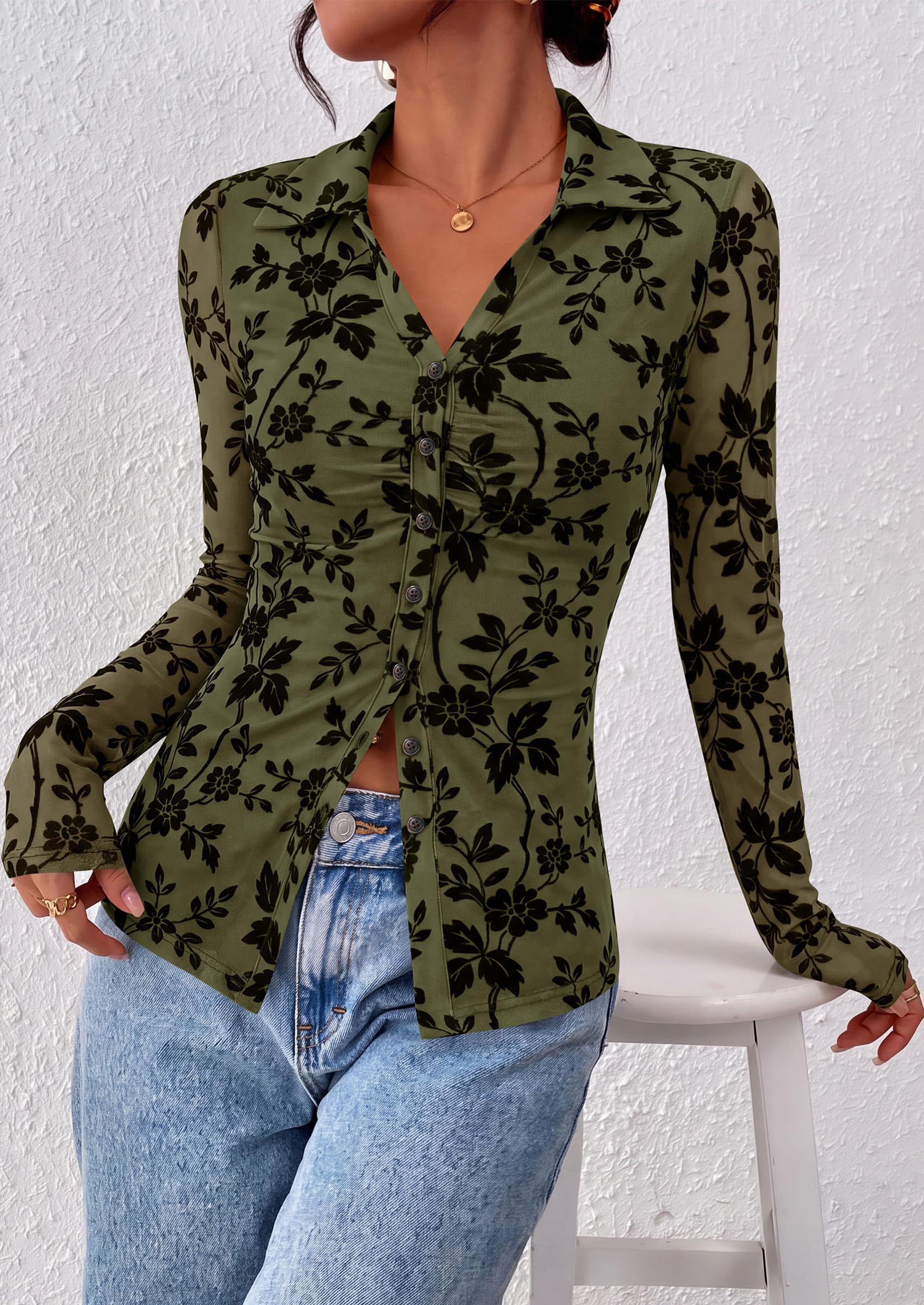 Women's Long Sleeve Floral Mesh Boho Tops Button Down Shirts
