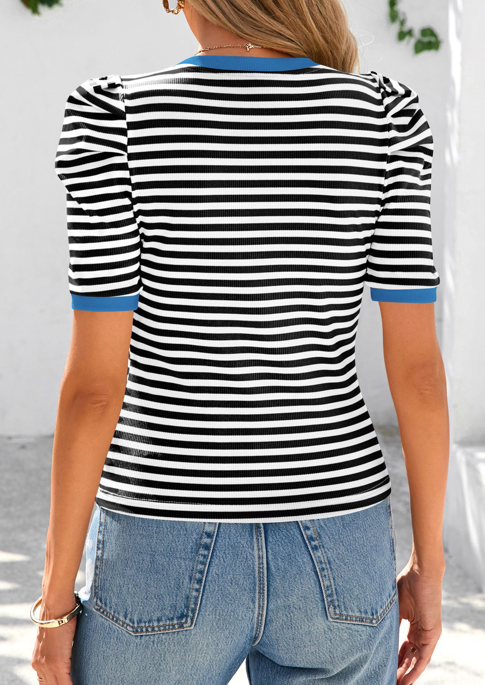 Ribbed Puff Short Sleeve Tops for Women Striped Shirt Black,XS