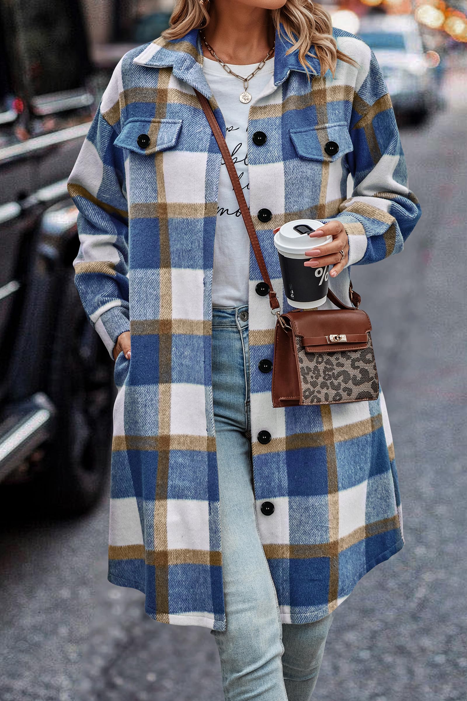 Womens Plaid Shacket Jacket Flannel Shirts,Plaid Blue White,S