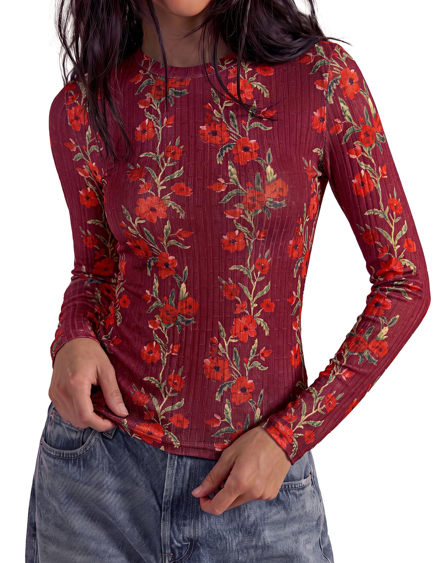Womens Long Sleeve Shirts Floral Y2K Tops,Wine Red,XS