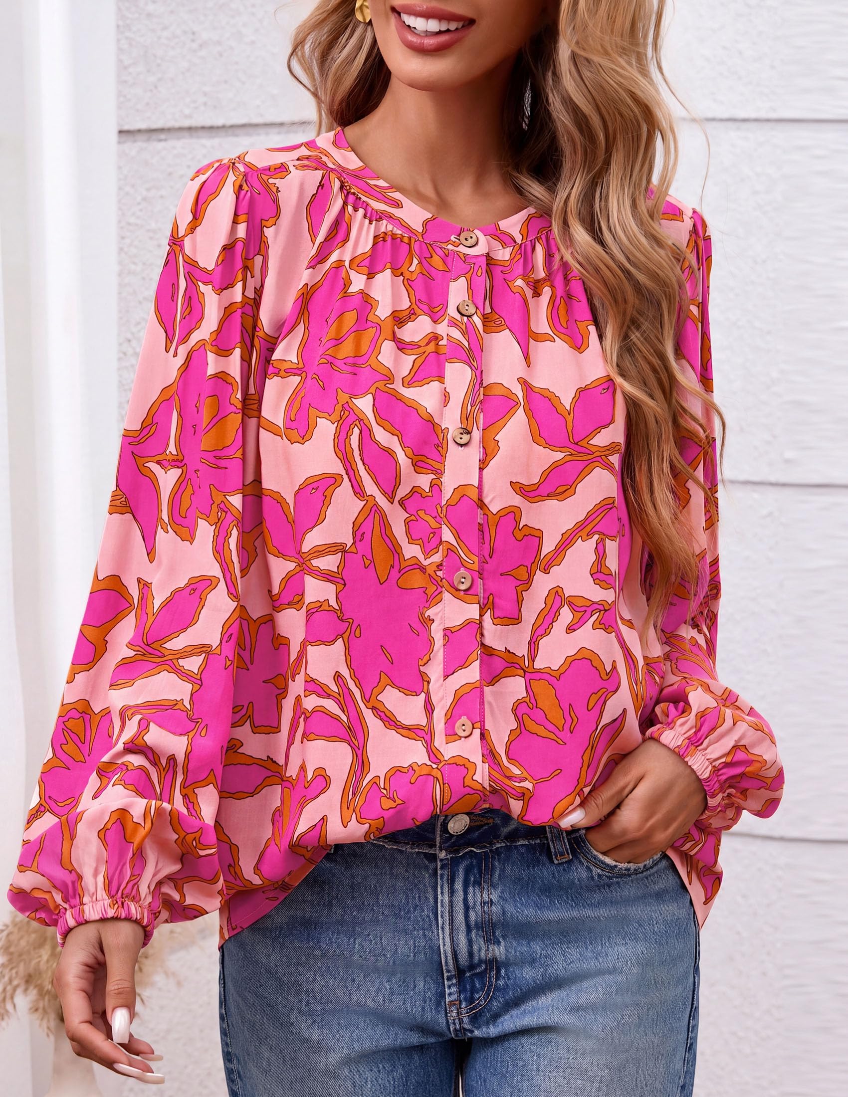 Women's Boho Tops Fall Long Sleeve Button Down Floral Blouses