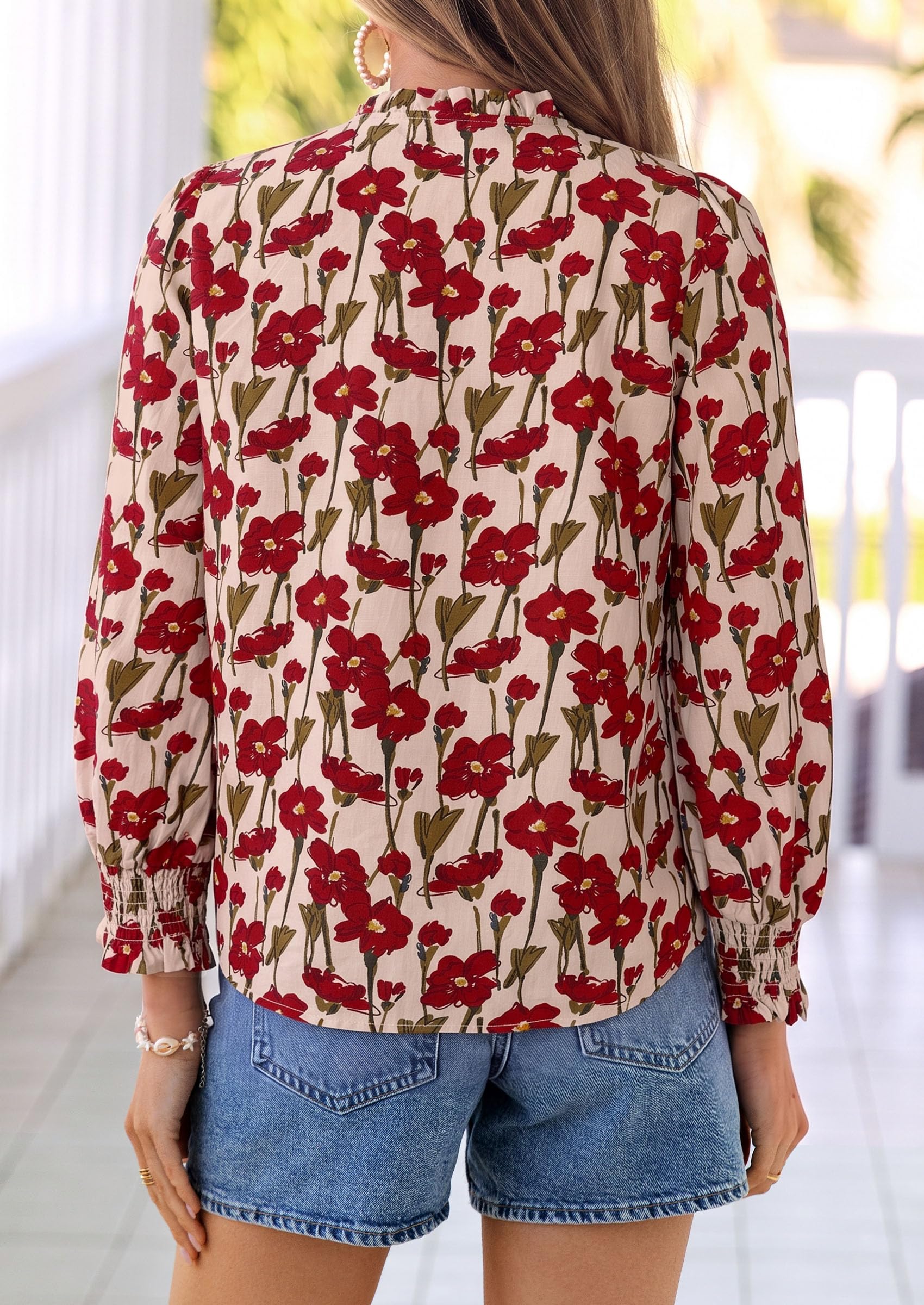 Women's Boho Floral Blouses Dressy Casual Apricot Red,S
