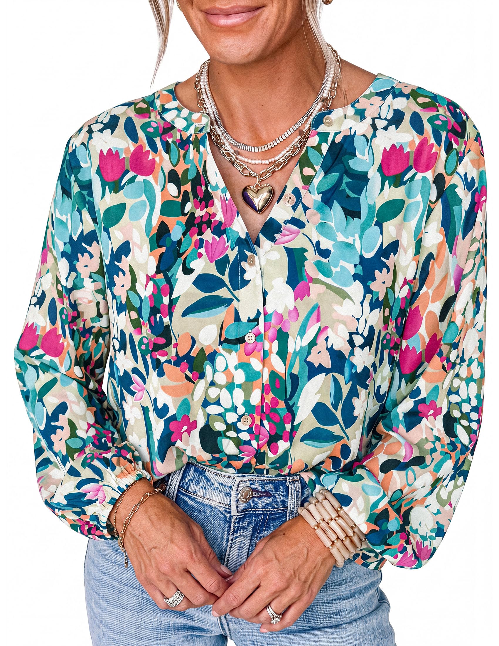 Women's Boho Tops Fall Long Sleeve Button Down Floral Blouses