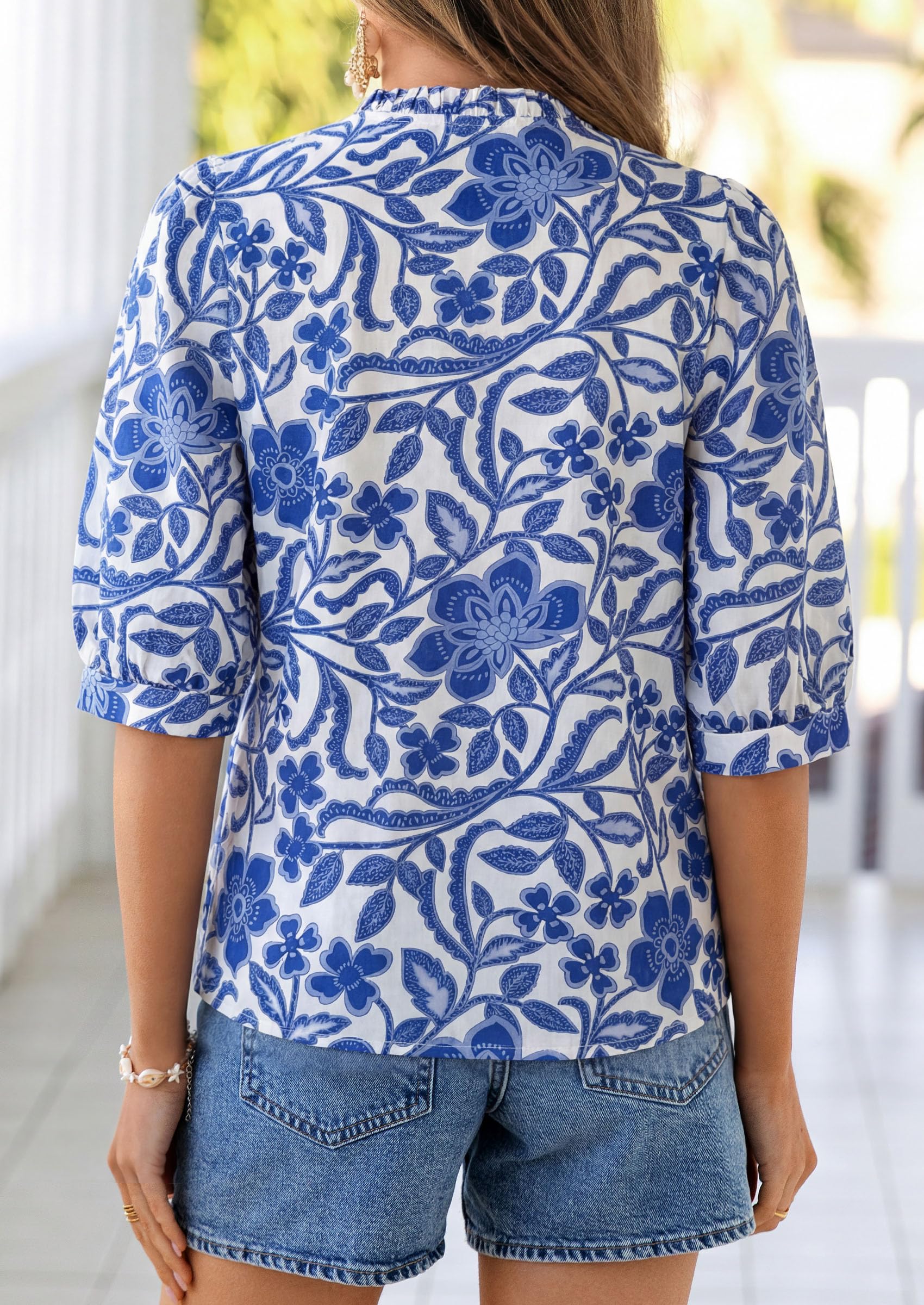Women's Summer Floral Boho Dressy Casual Tops Blue