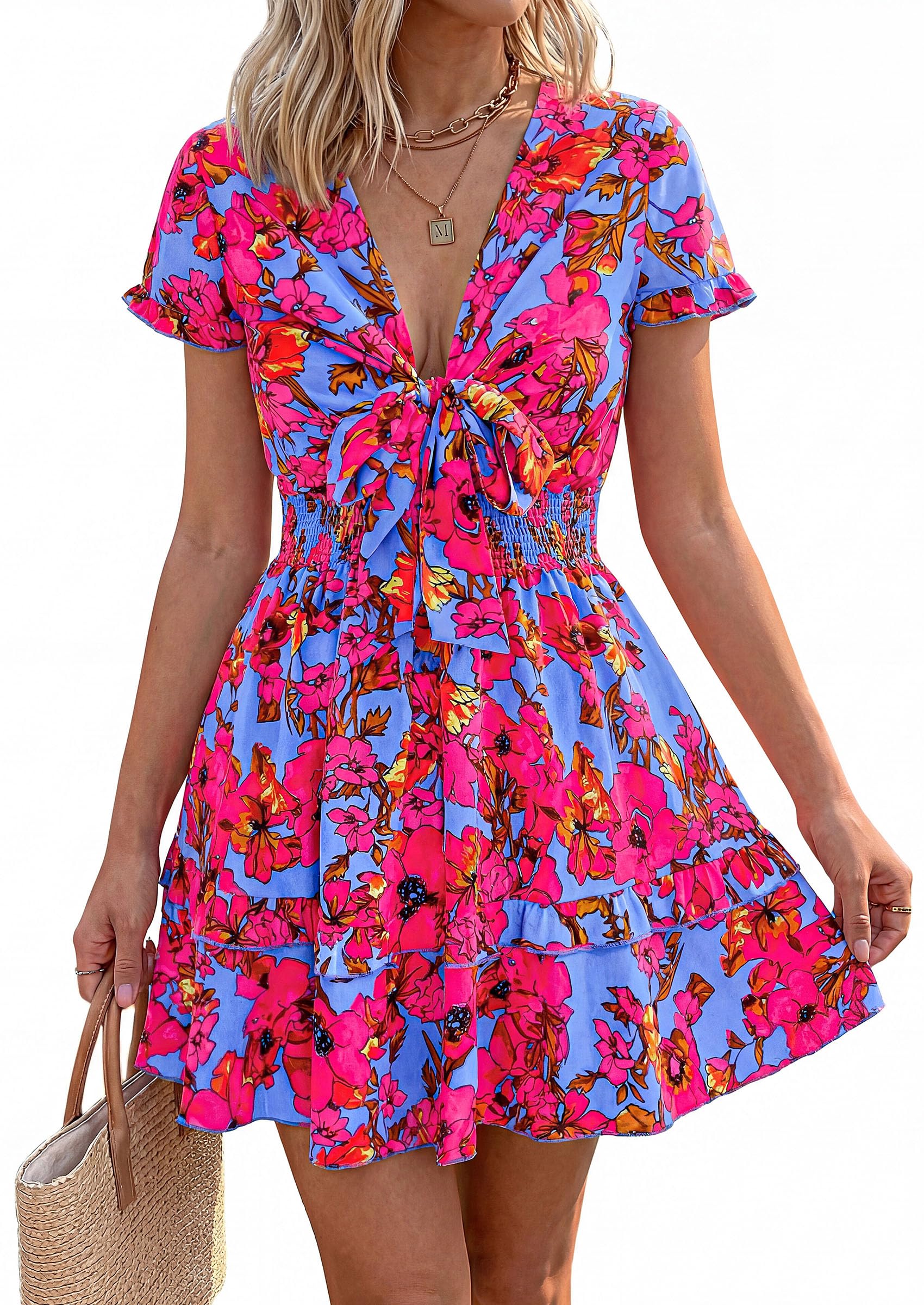 Women's Boho Floral Mini Tiered Bow Dress, Floral Rose Red,S