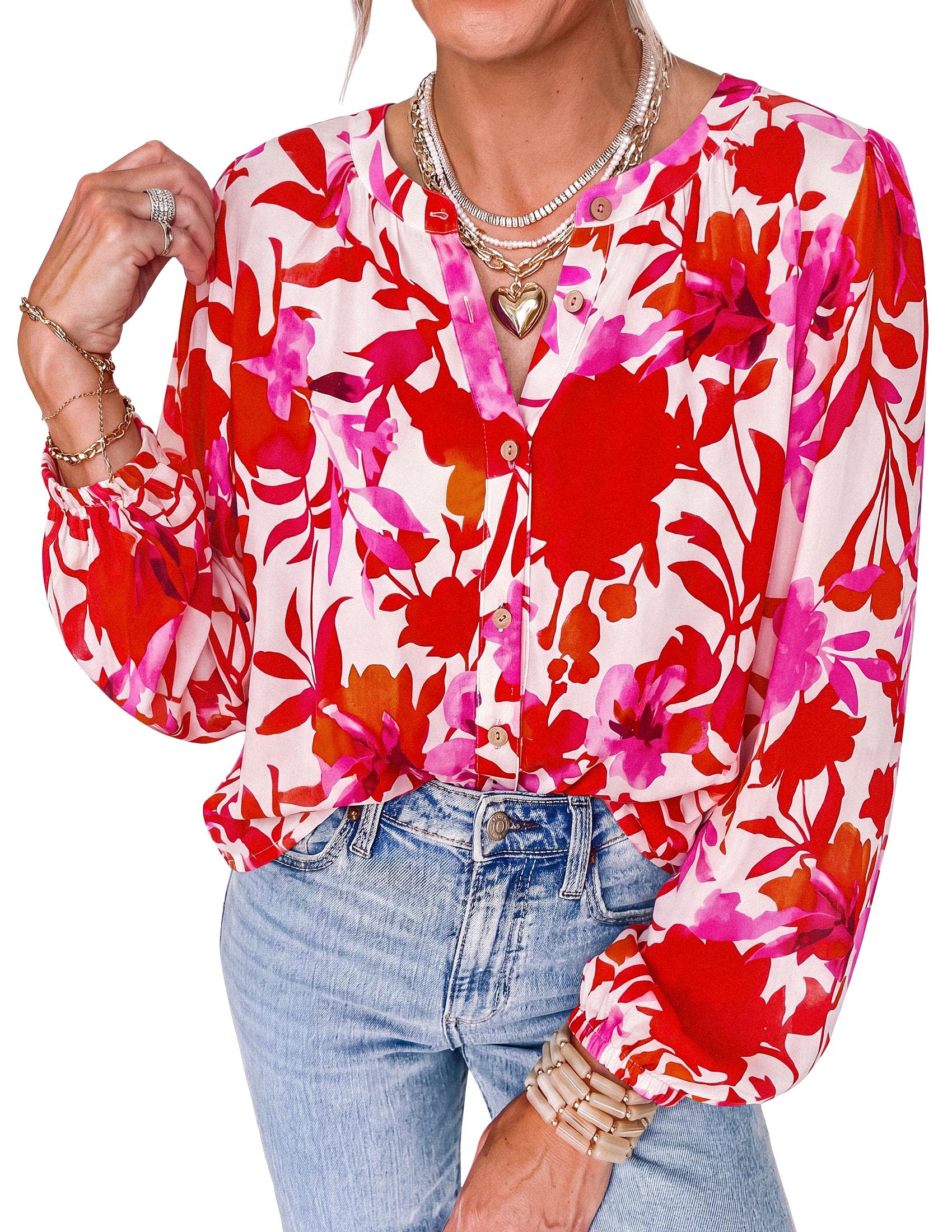 Women's Boho Tops Fall Long Sleeve Button Down Floral Blouses