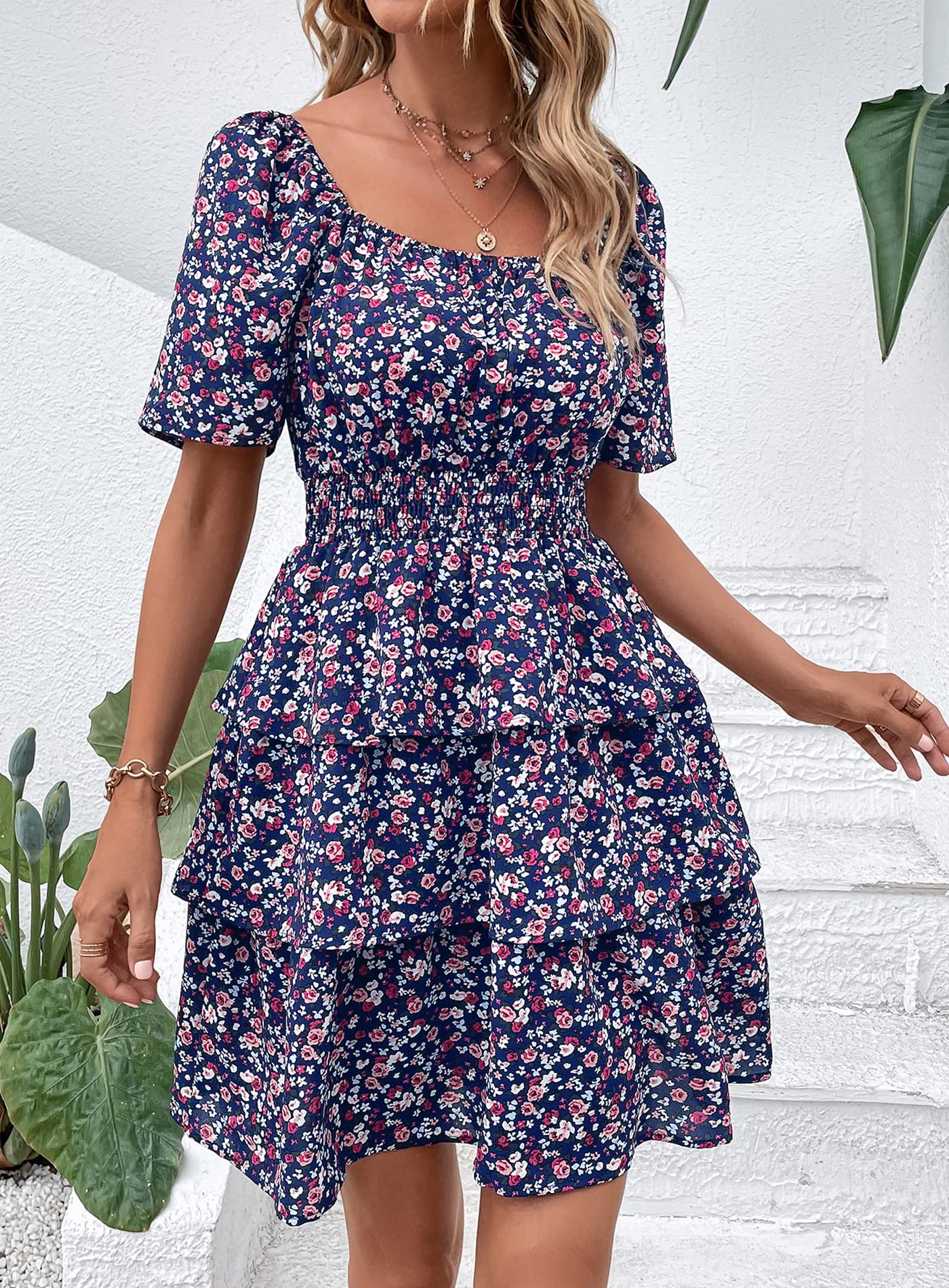 Women's Summer Floral Ruffle Short Dress Blue Purple Floral,S