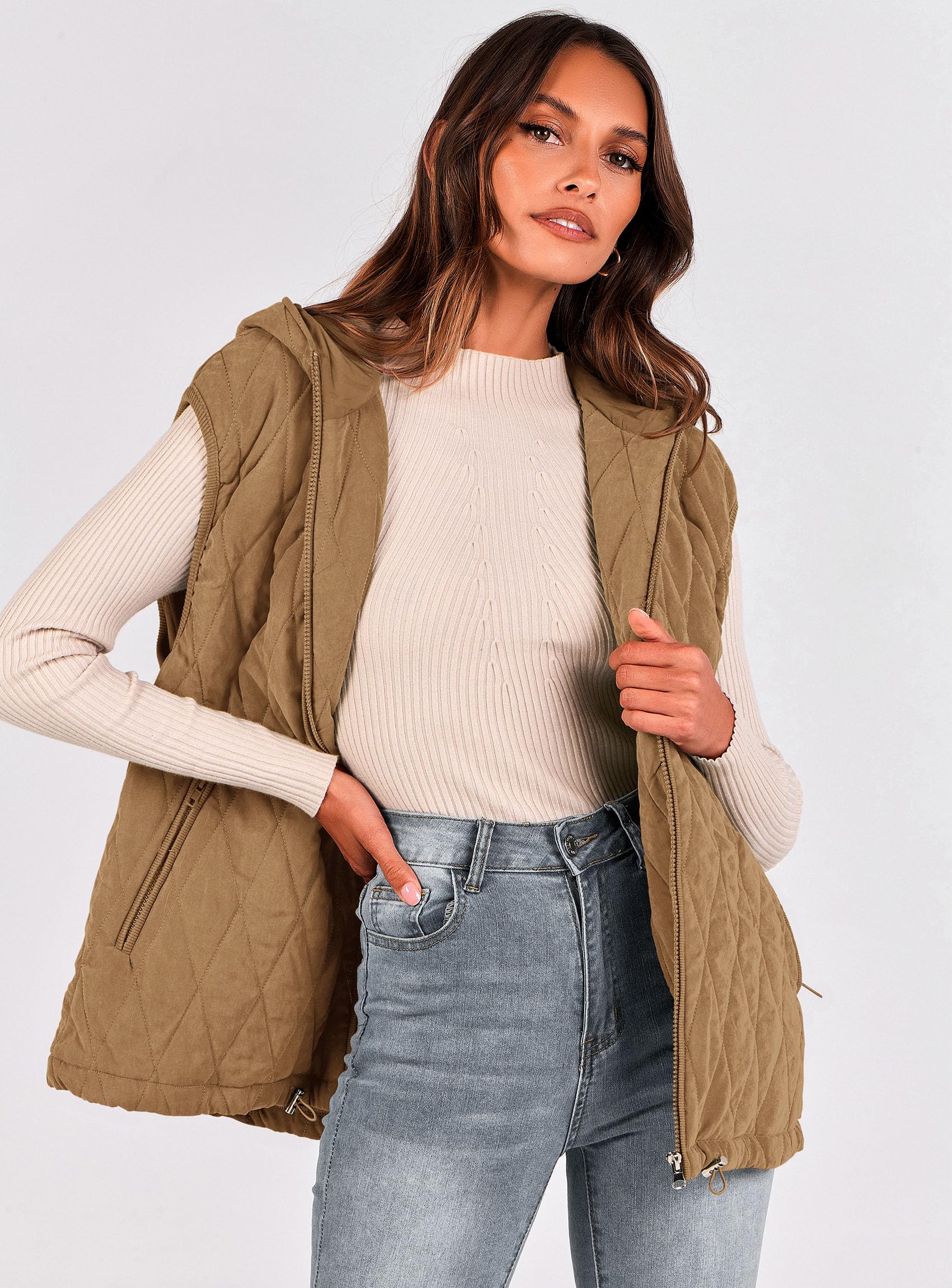 Women's Fall Fashion Vest Zip Up Jacket(Camel,Large)