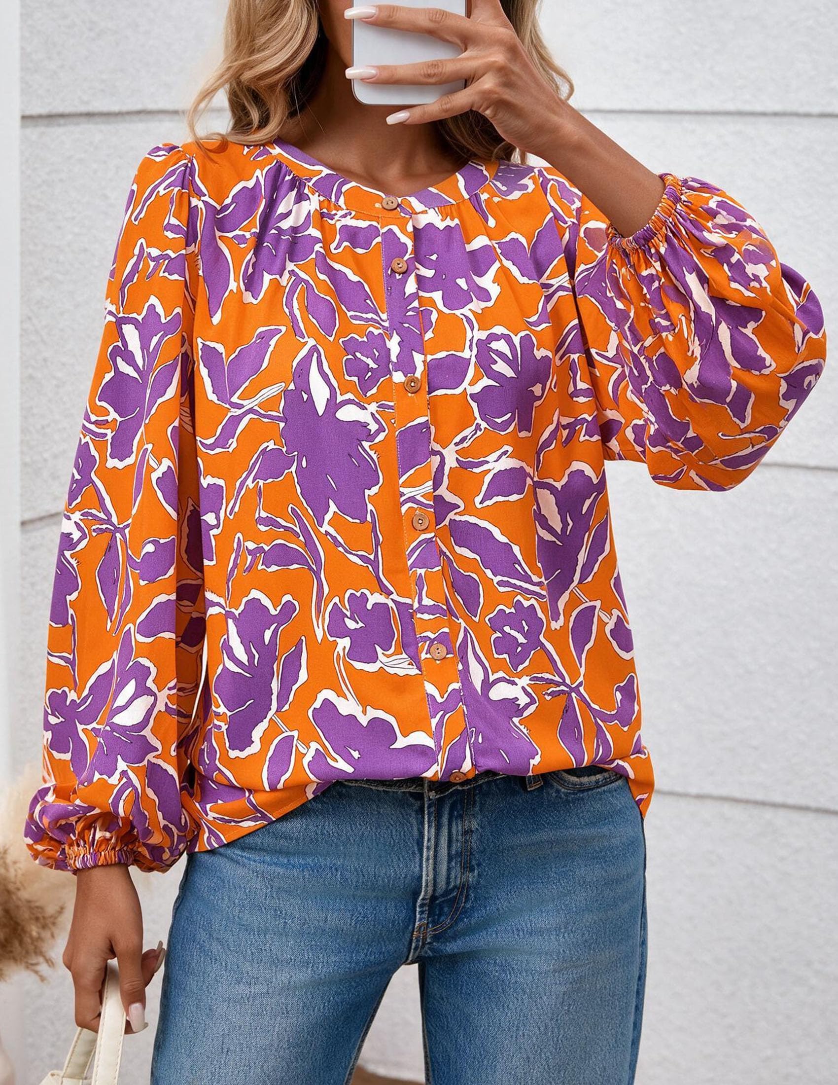 Women's Boho Tops Fall Long Sleeve Button Down Floral Blouses