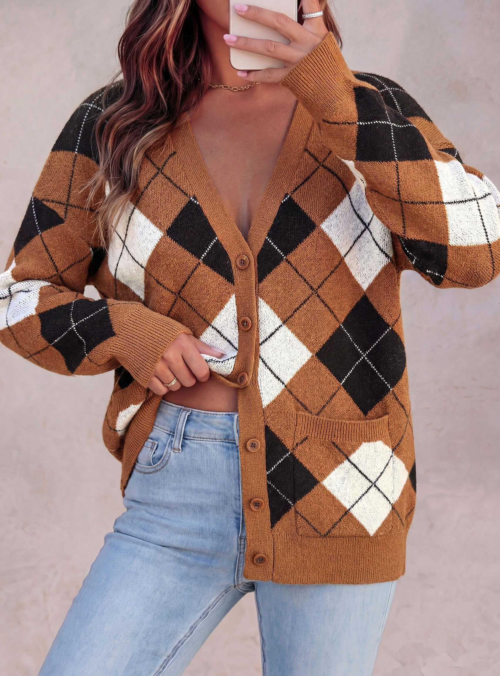 Women's Cardigan Argyle Winter Sweaters (Plaid Brown,S)