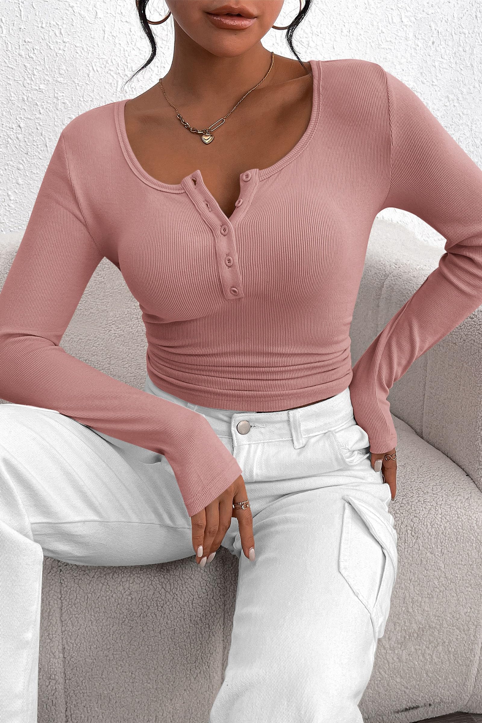 Women's Fall Long Sleeve Henley T Shirts Dusty Pink