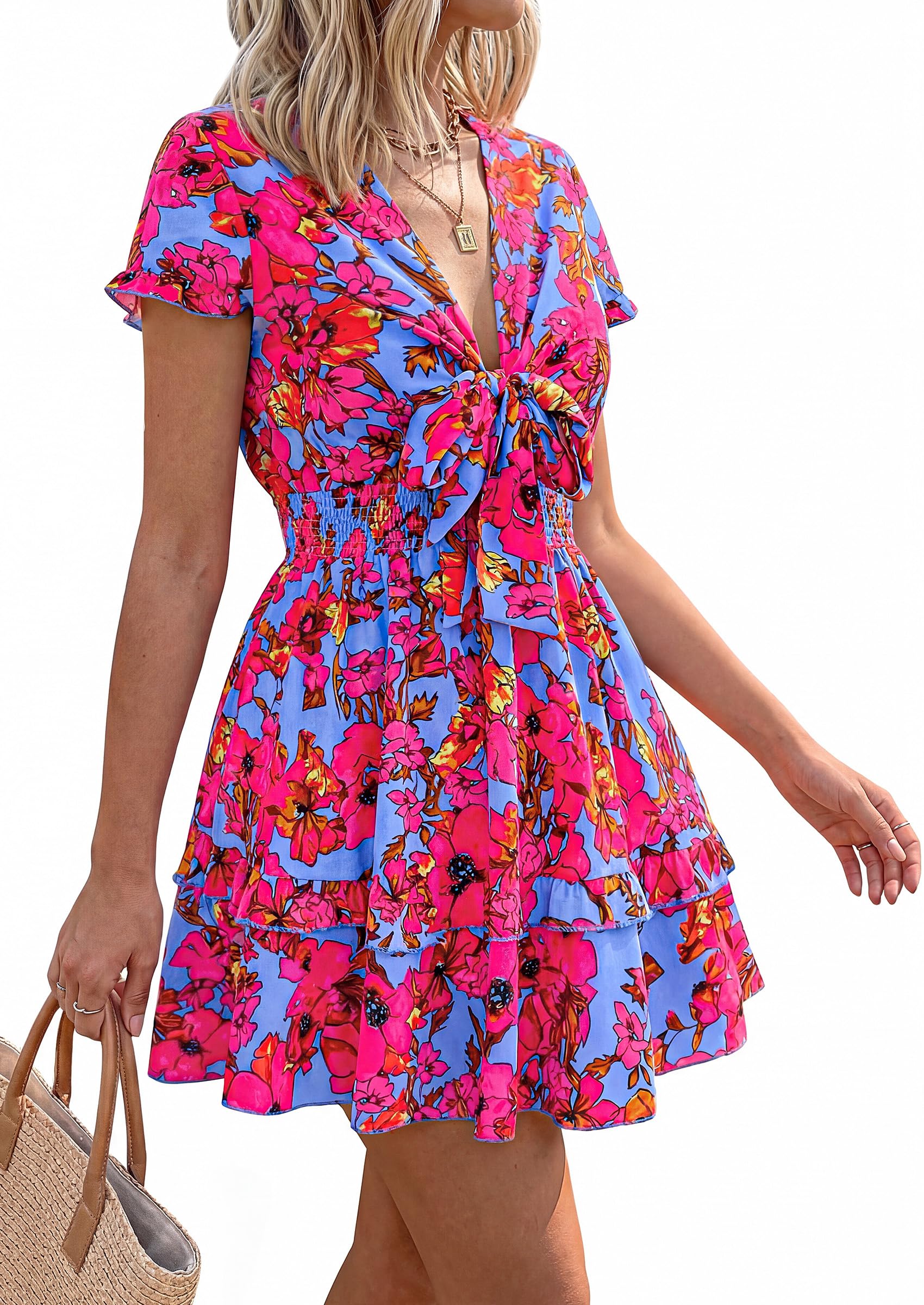 Women's Boho Floral Mini Tiered Bow Dress, Floral Rose Red,S