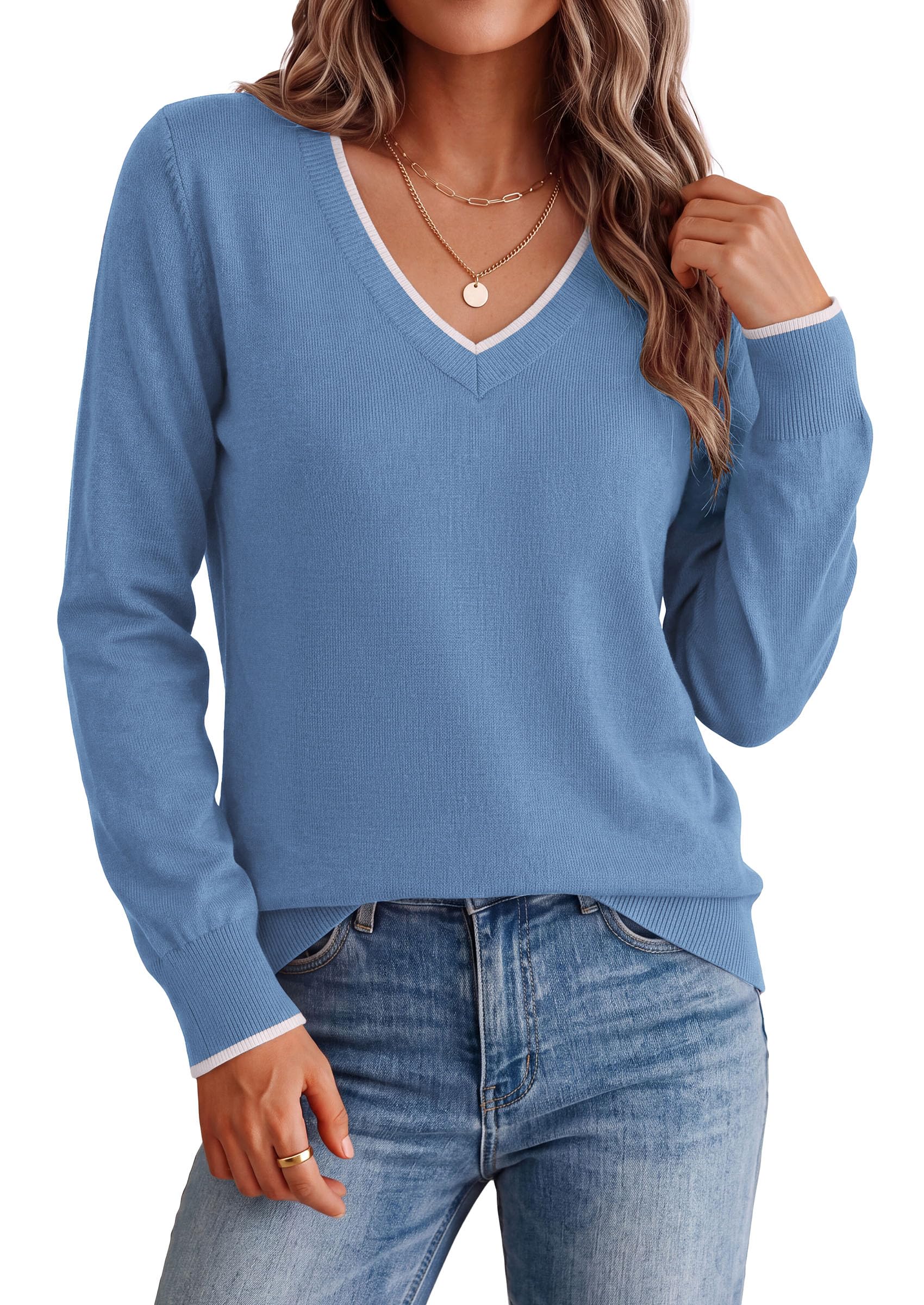 Women's V Neck Sweater Long Sleeve Knit Tops (Grey Blue,S)