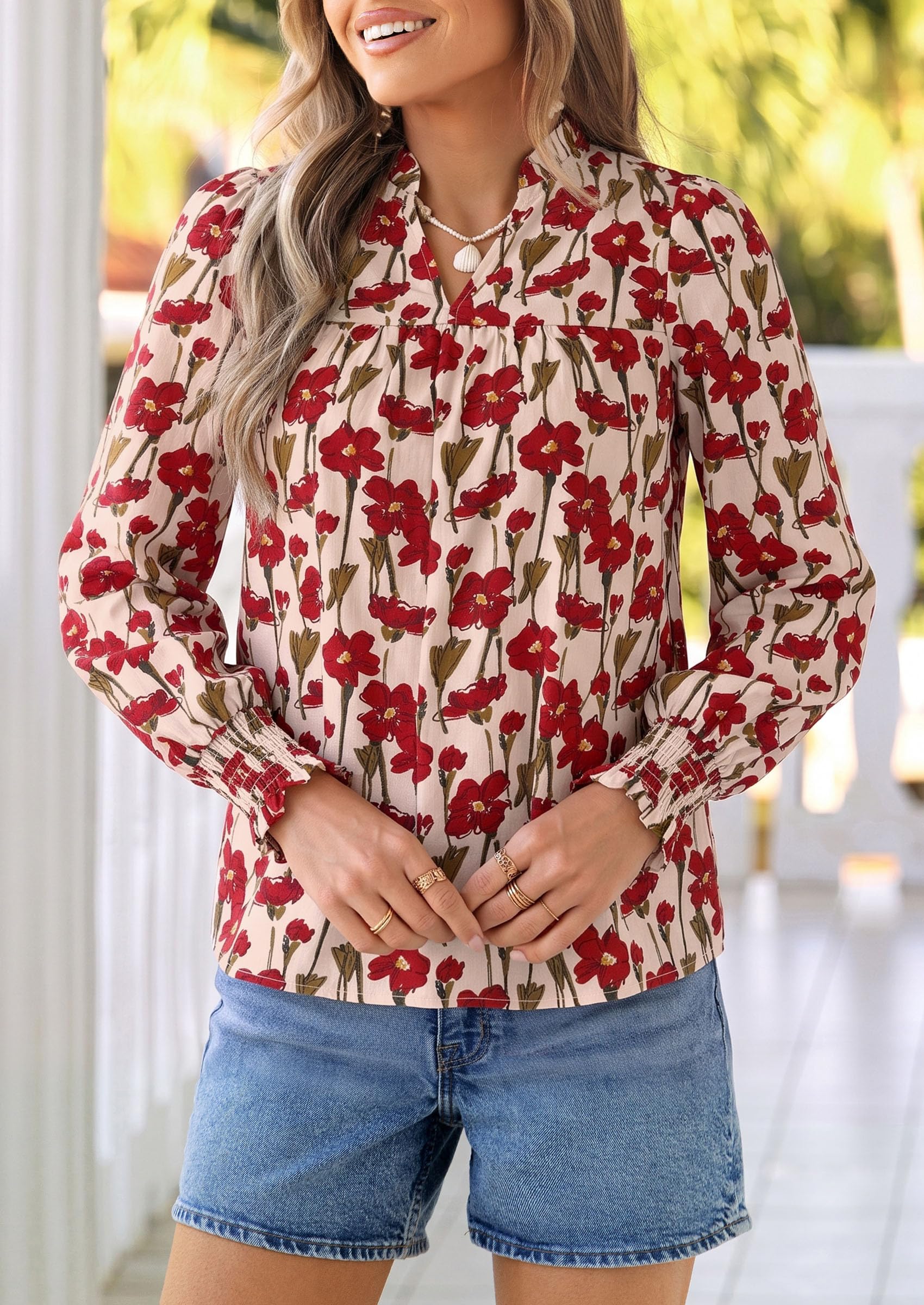 Women's Boho Floral Blouses Dressy Casual Apricot Red,S