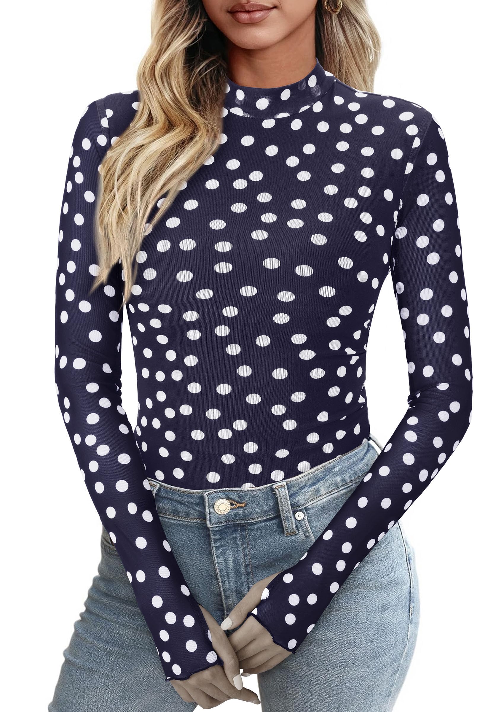 Womens Floral Mesh Long Sleeve Tops Fall Slim Fitted Shirts