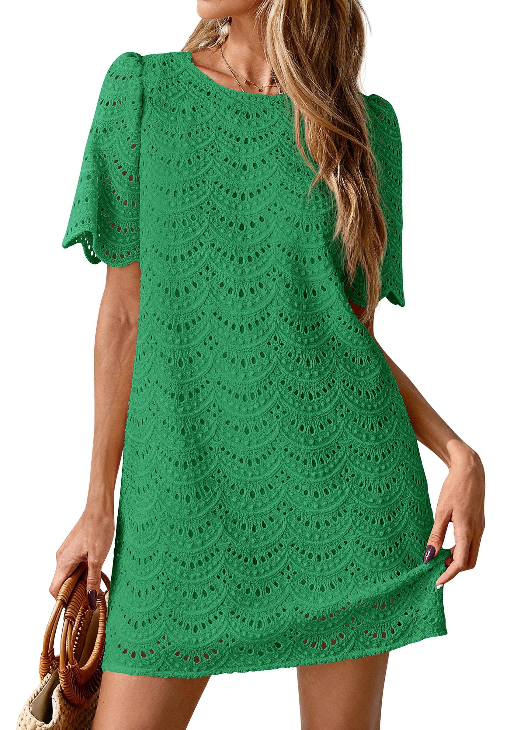 Women's Summer Eyelet Lace Short Dress (Dark Green,S)