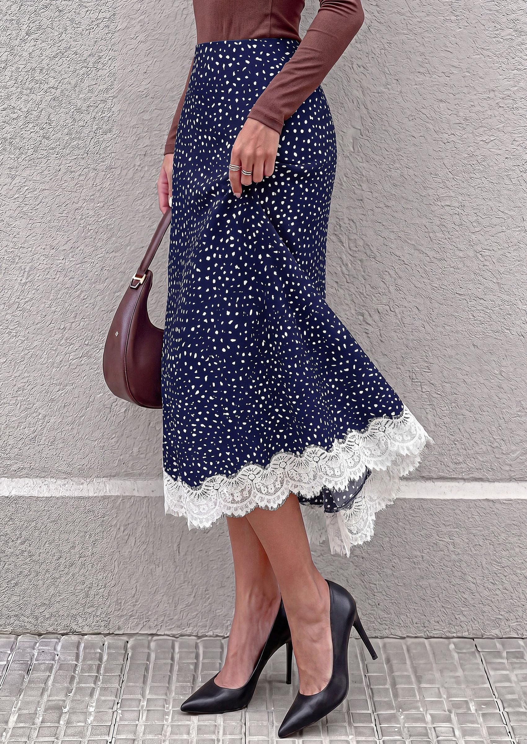 Women's Polka Dot Satin Skirt Fall Flowy Midi Leopard Skirts